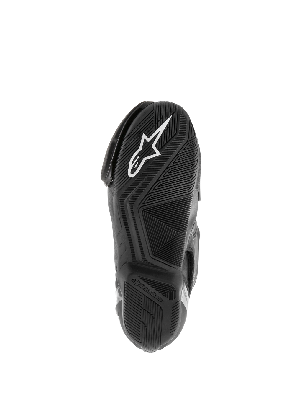 Alpinestars SMX S Waterproof støvler, motorcykelstøvler, sort, visning af den teksturerede gummisål med hvidt Astar-logo og vandspredende slidbanemønster