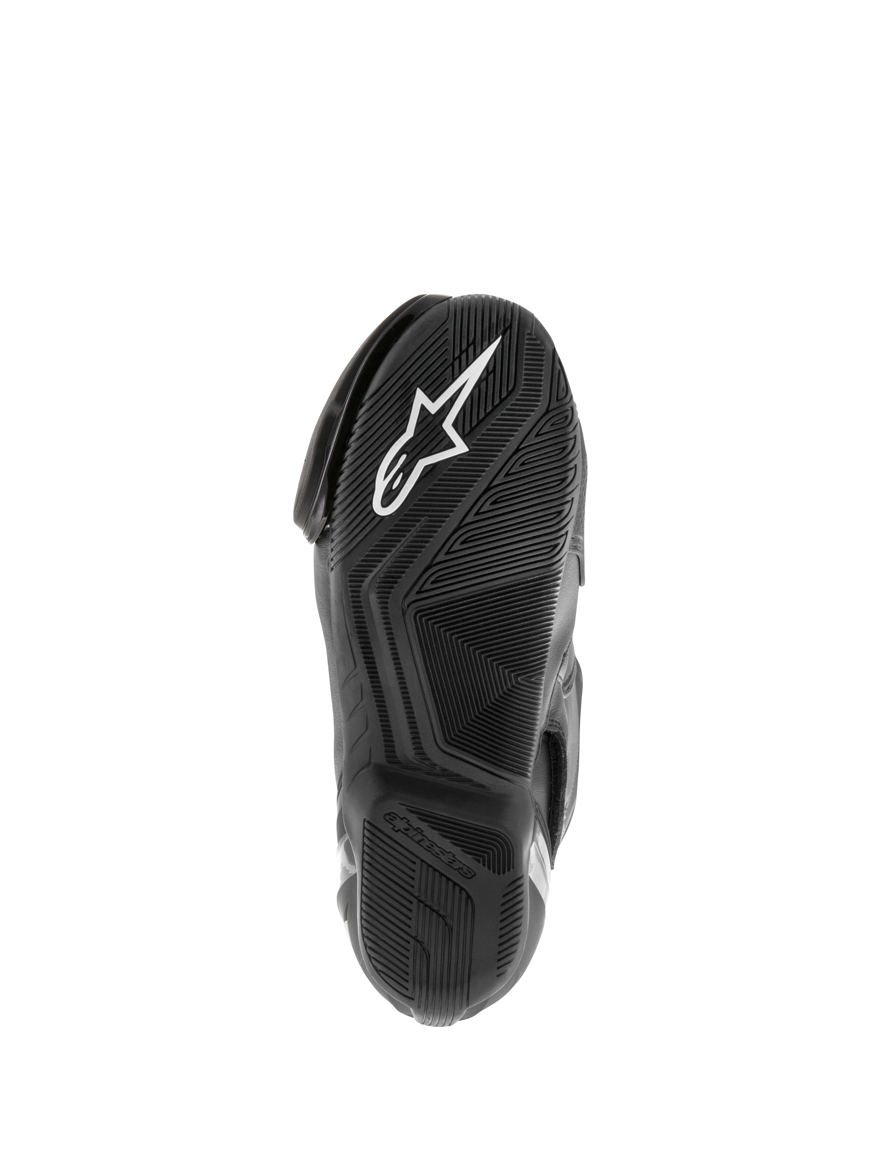 Alpinestars SMX S Waterproof støvler, motorcykelstøvler, sort, visning af den teksturerede gummisål med hvidt Astar-logo og vandspredende slidbanemønster