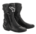 Alpinestars SMX Plus V2 GORE-TEX Boot, black motorcycle racing boots with silver and white logos, waterproof and breathable design, featuring reinforced ankle protection, flexible accordion panels, and protective TPU plates for racing and sport riding