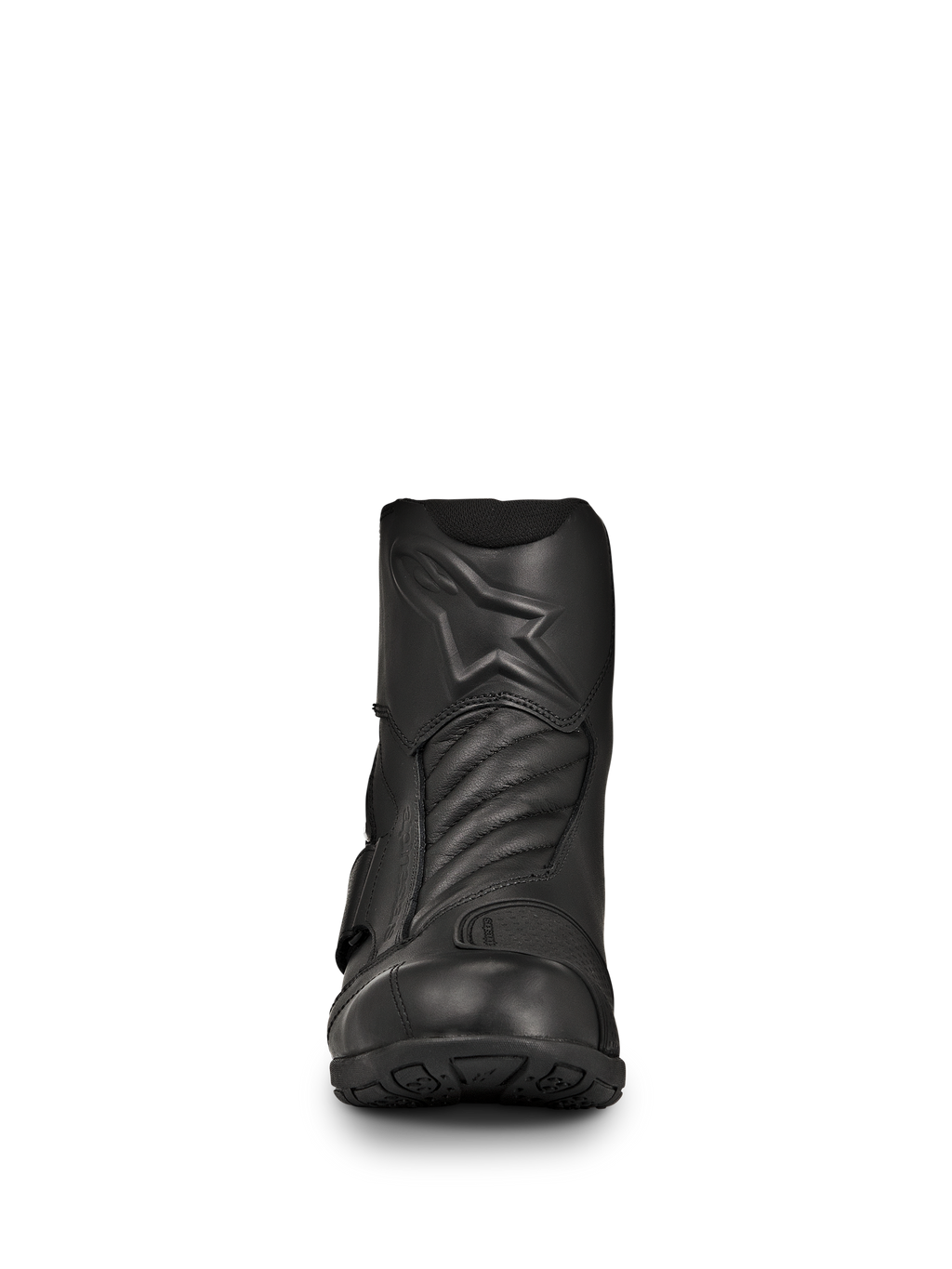 Alpinestars New Land GORE-TEX støvler, sorte road-touring motorcykelstøvler, set forfra, fuldnarvslæder konstruktion med præget stjernelogo, harmonikaflekszoner foran, vandtæt mellemlangt design til langdistanceture