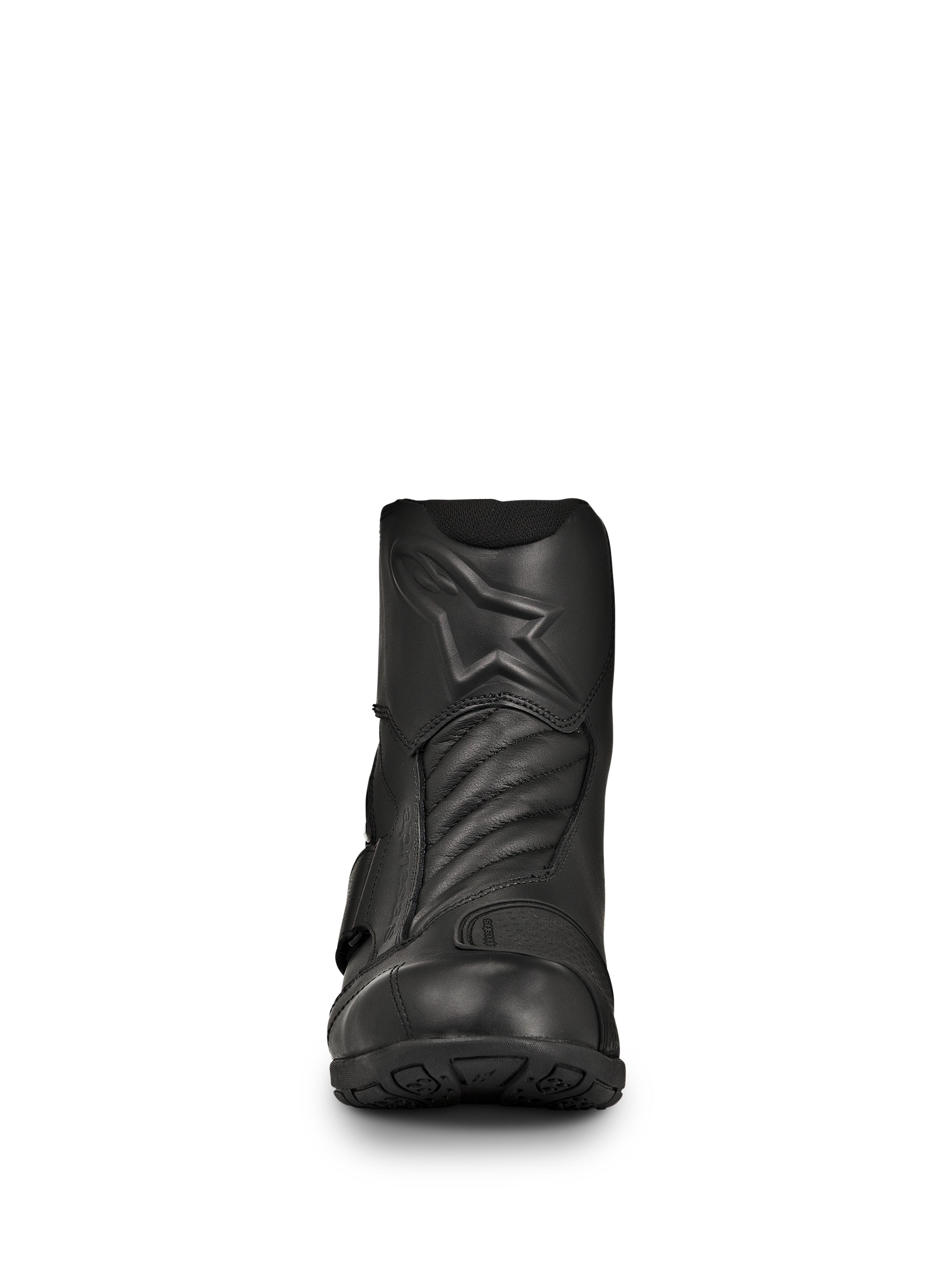 Alpinestars New Land GORE-TEX støvler, sorte road-touring motorcykelstøvler, set forfra, fuldnarvslæder konstruktion med præget stjernelogo, harmonikaflekszoner foran, vandtæt mellemlangt design til langdistanceture