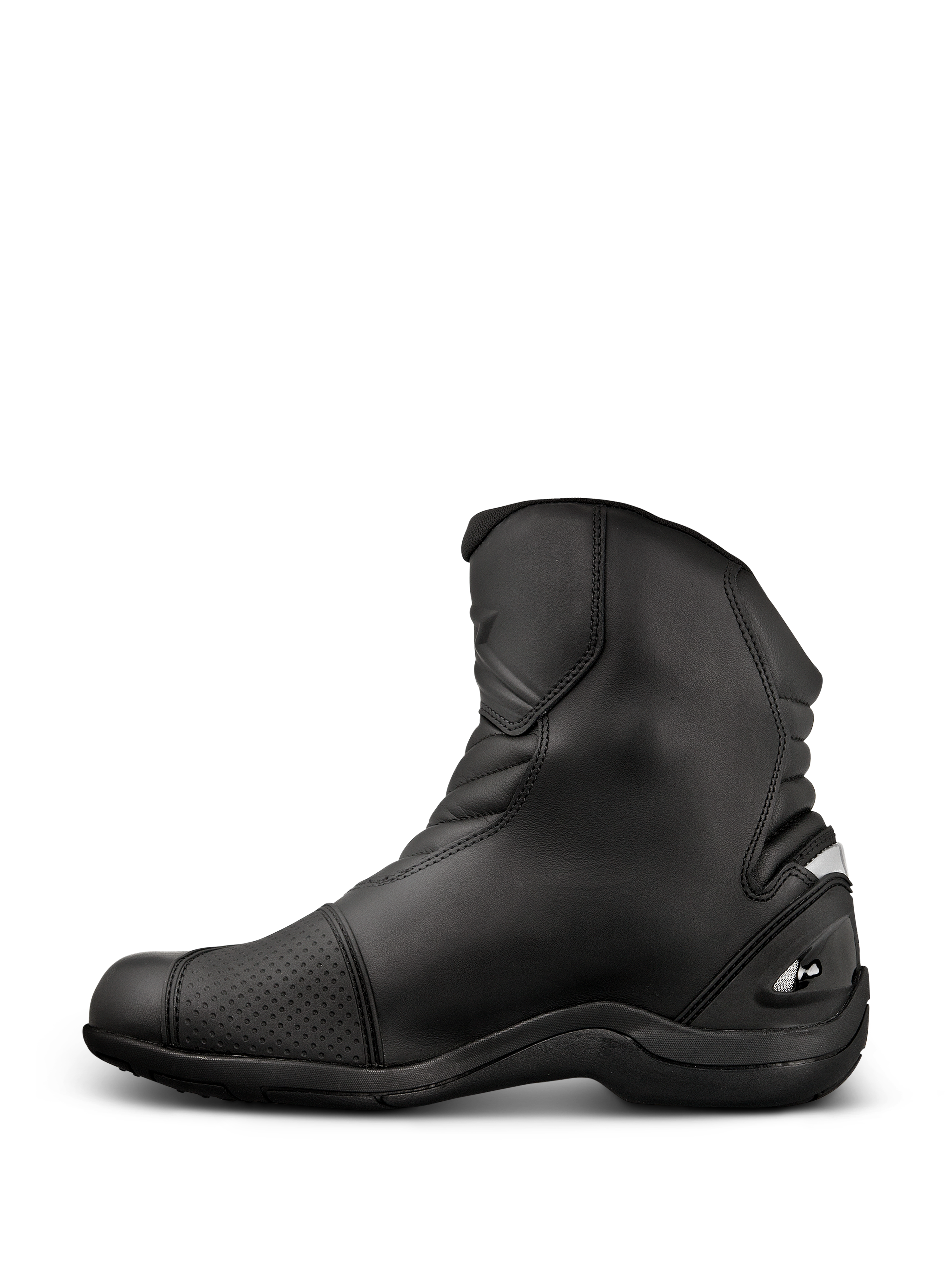 Alpinestars New Land GORE-TEX støvler, road-touring motorcykelstøvler, sort, mellemlangt design i fuldnarvet læder med harmonikaflekszoner, forstærket gearskiftepude og robust gummisål.