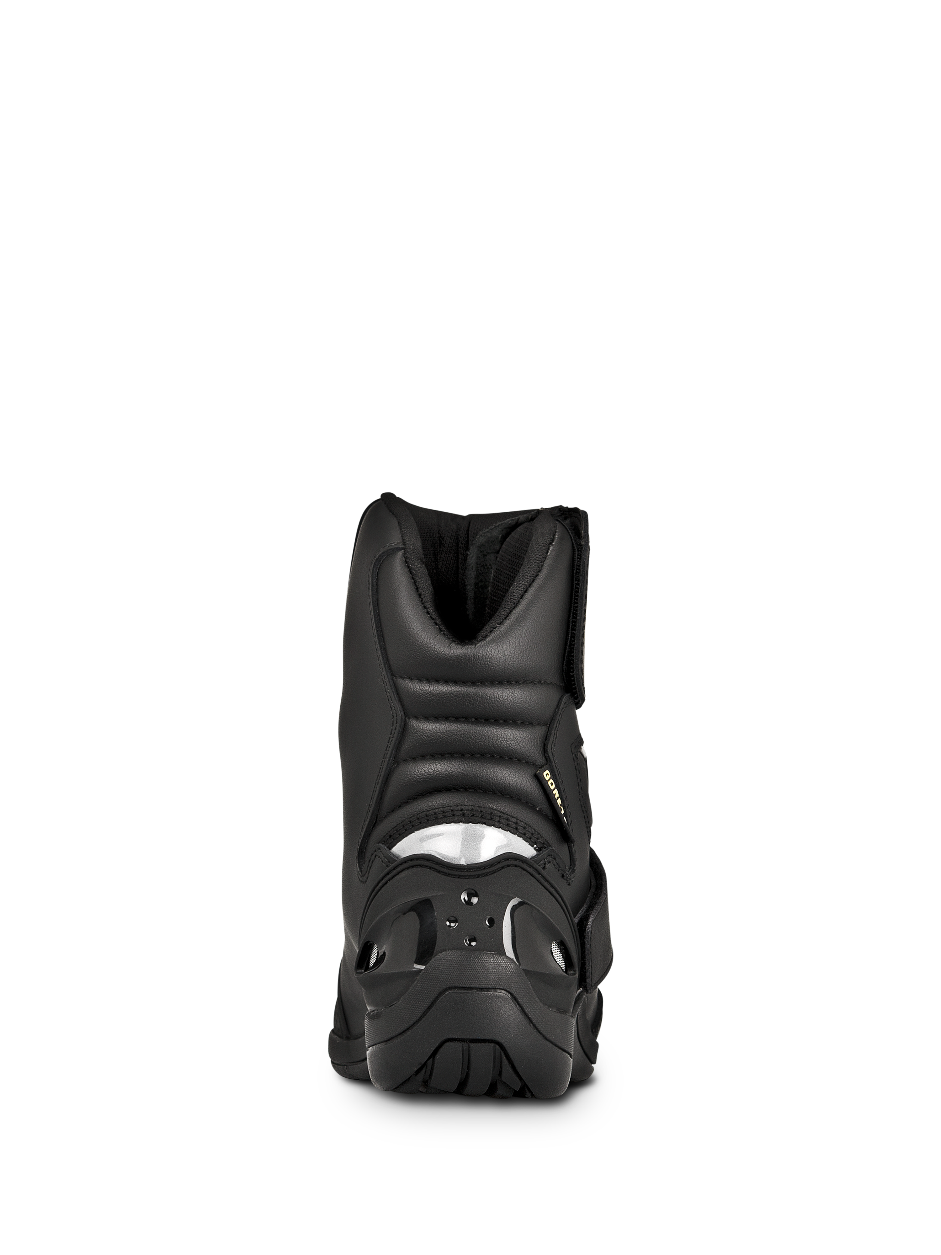 Alpinestars New Land GORE-TEX støvler, road-touring motorcykelstøvler, sort, set bagfra med polstrede harmonikaflekszoner, reflekterende hælindsats og holdbar gummiydersål.