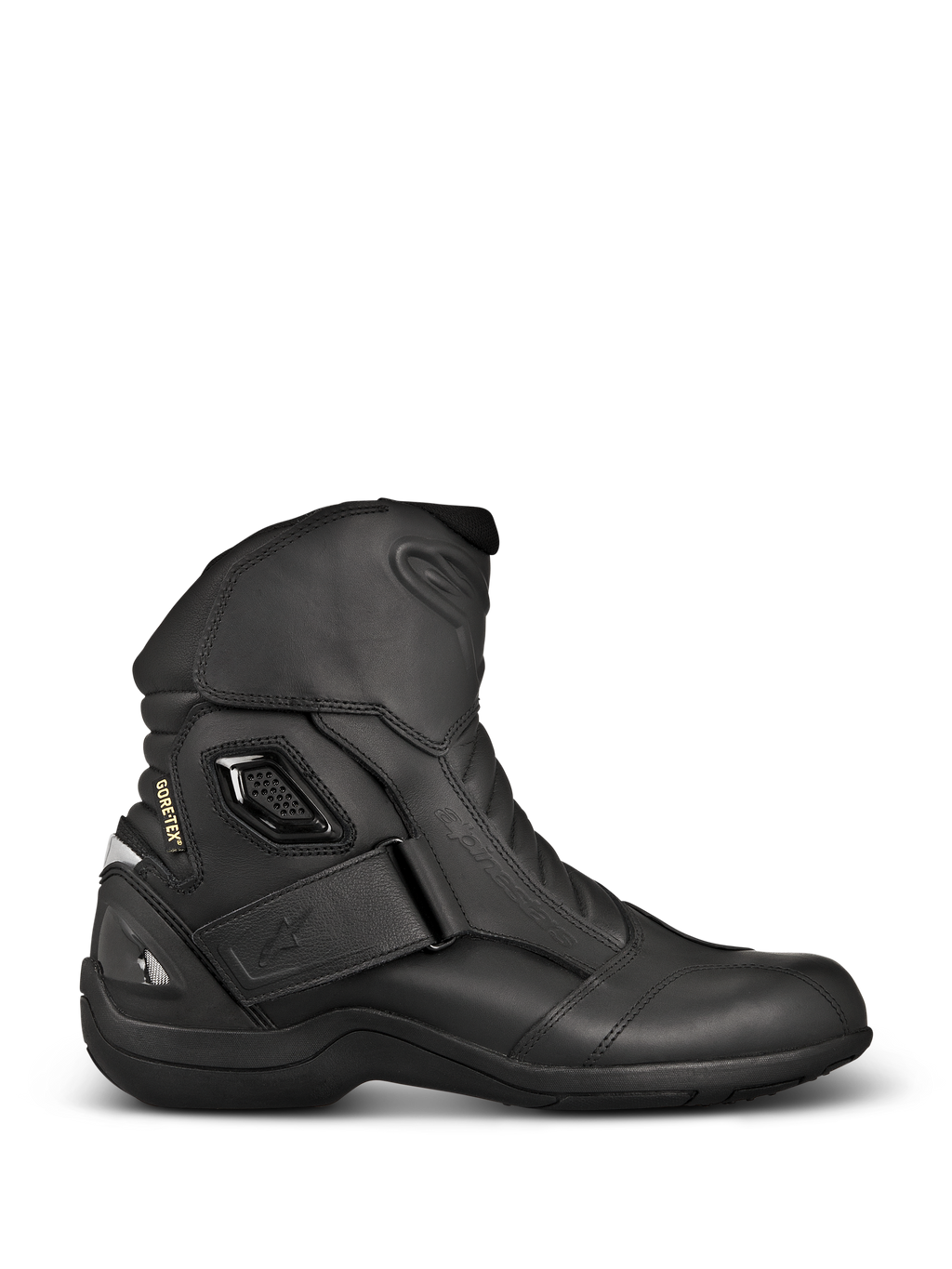 Alpinestars New Land GORE-TEX støvler, sorte motorcykelstøvler til touring, sideprofil med fuldnarvet læder, velcrorem ved ankel, GORE-TEX-branding og forstærket hæl for vandtæt beskyttelse.
