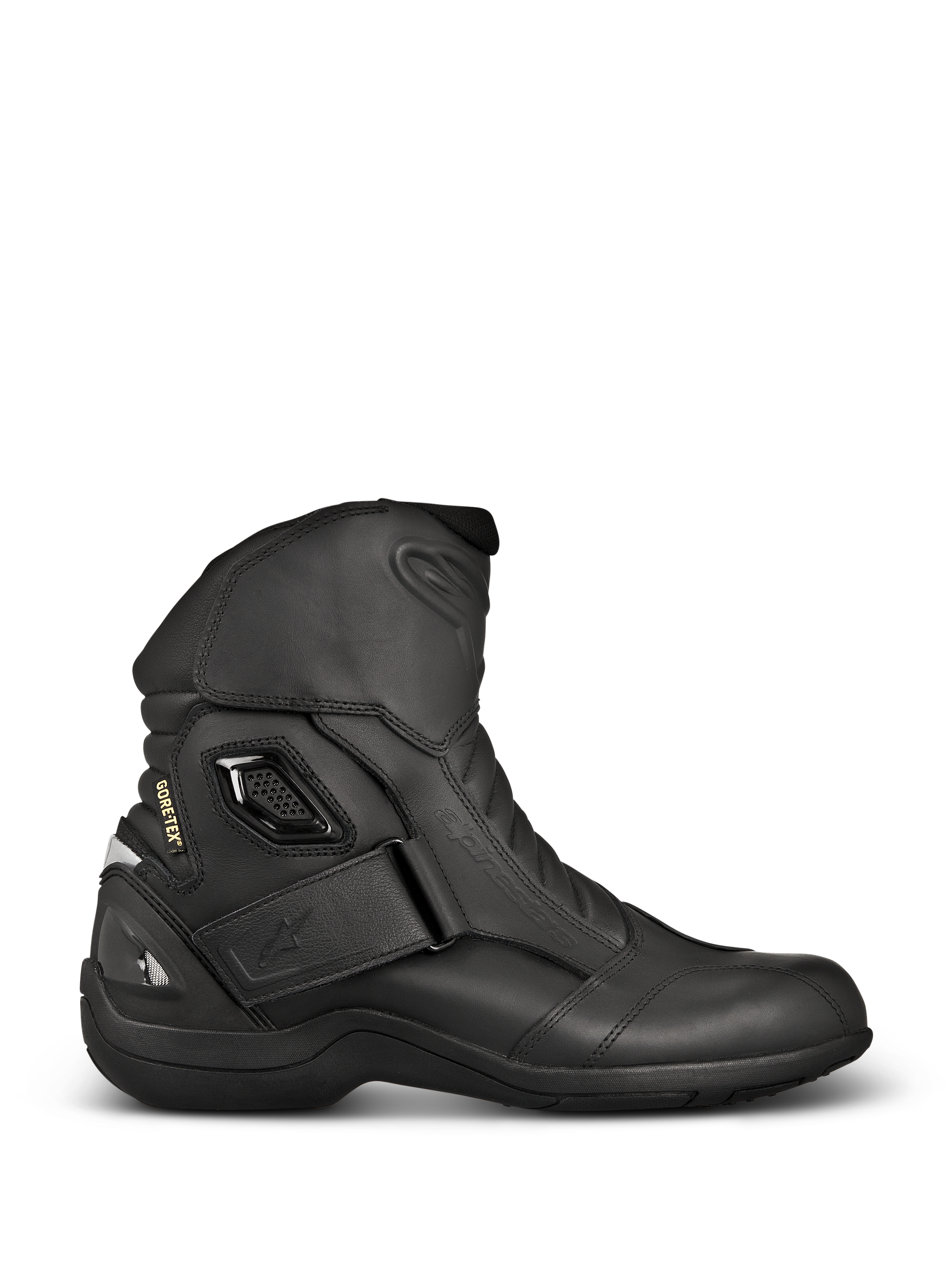 Alpinestars New Land GORE-TEX støvler, sorte motorcykelstøvler til touring, sideprofil med fuldnarvet læder, velcrorem ved ankel, GORE-TEX-branding og forstærket hæl for vandtæt beskyttelse.