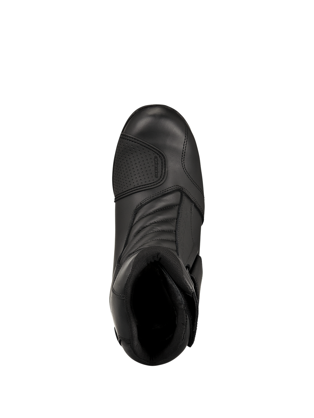 Alpinestars New Land GORE-TEX støvler, sort, set oppefra, med fuldnarvet læderkonstruktion, forreste harmonikaflekszoner og en forstærket gearskiftepude, mellemlange vandtætte road-touring motorcykelstøvler