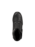 Alpinestars New Land GORE-TEX støvler, sort, set oppefra, med fuldnarvet læderkonstruktion, forreste harmonikaflekszoner og en forstærket gearskiftepude, mellemlange vandtætte road-touring motorcykelstøvler