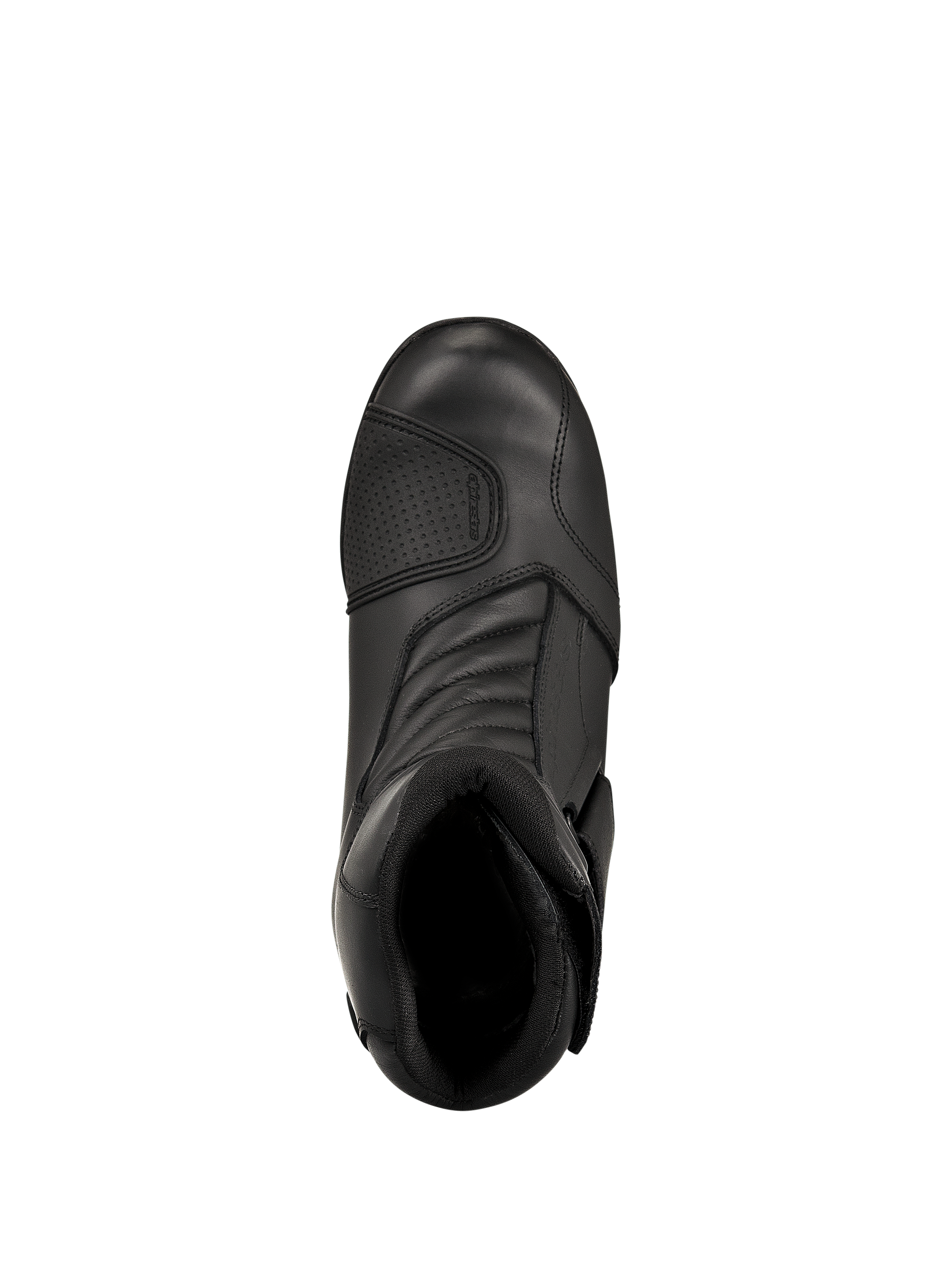Alpinestars New Land GORE-TEX støvler, sort, set oppefra, med fuldnarvet læderkonstruktion, forreste harmonikaflekszoner og en forstærket gearskiftepude, mellemlange vandtætte road-touring motorcykelstøvler
