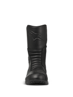 Alpinestars Web GORE-TEX støvler, sorte touring-motorcykelstøvler, set forfra med præget stjernelogo på skinnebenet, harmonika-flexzoner for bedre bevægelighed og holdbar læderkonstruktion.