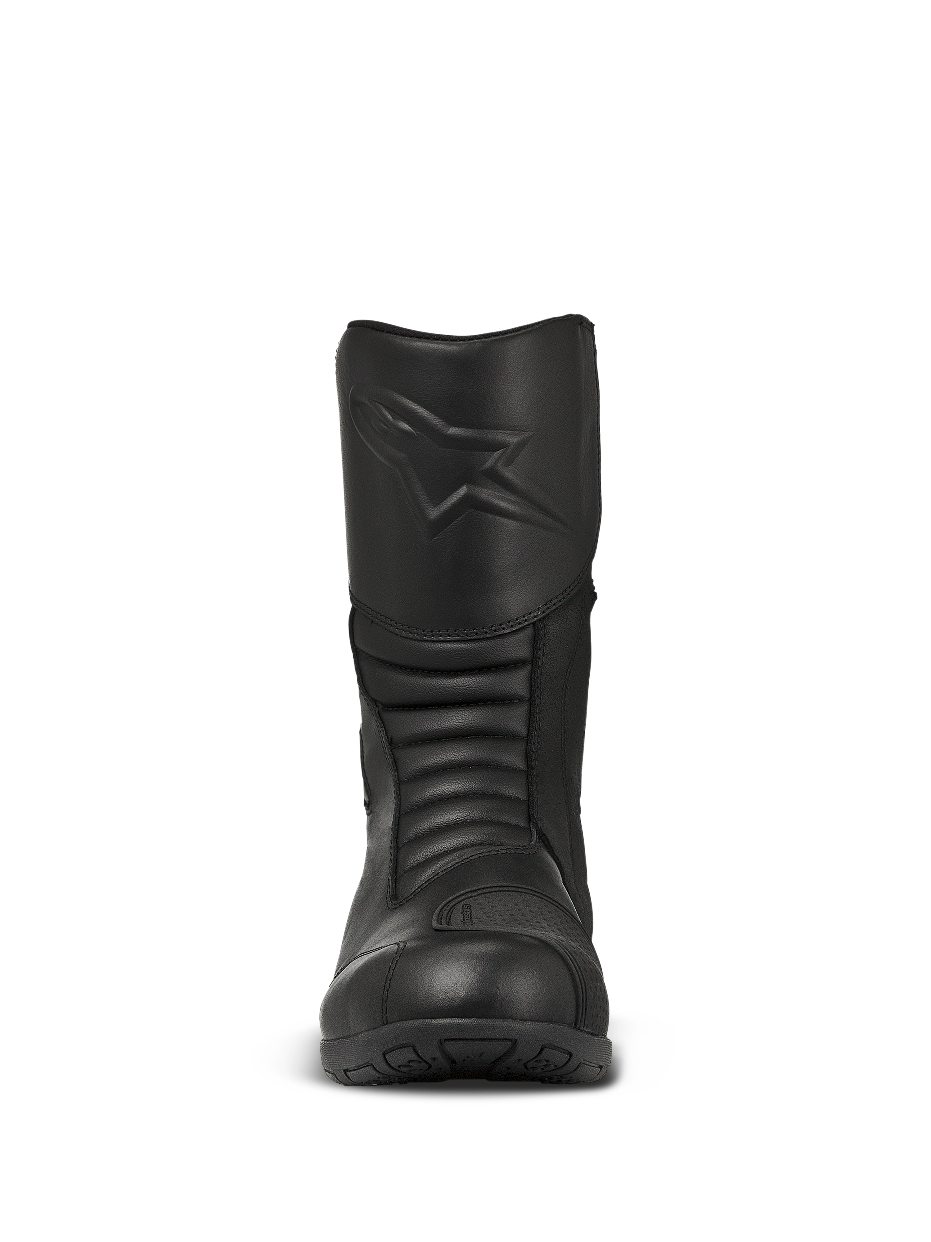 Alpinestars Web GORE-TEX støvler, sorte touring-motorcykelstøvler, set forfra med præget stjernelogo på skinnebenet, harmonika-flexzoner for bedre bevægelighed og holdbar læderkonstruktion.