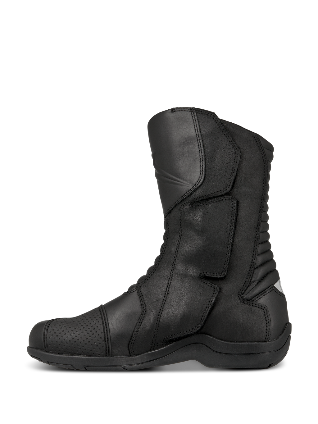Alpinestars Web GORE-TEX støvler, touring motorcykelstøvler, sort, sideprofil der viser læderkonstruktion, sideindgangssystem med stor lukkeklap og harmonikaflekszoner bagpå for manøvredygtighed.