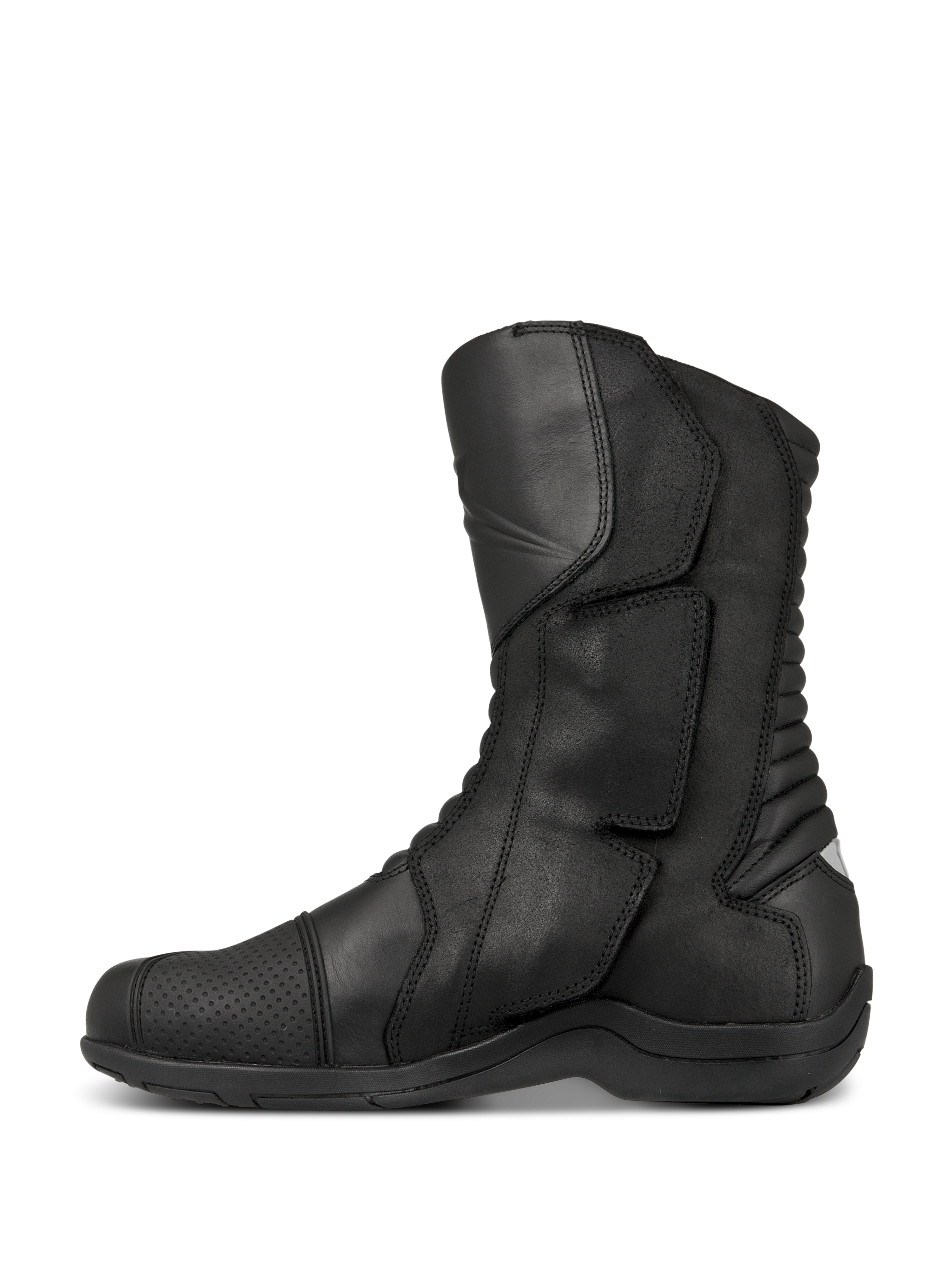 Alpinestars Web GORE-TEX støvler, touring motorcykelstøvler, sort, sideprofil der viser læderkonstruktion, sideindgangssystem med stor lukkeklap og harmonikaflekszoner bagpå for manøvredygtighed.