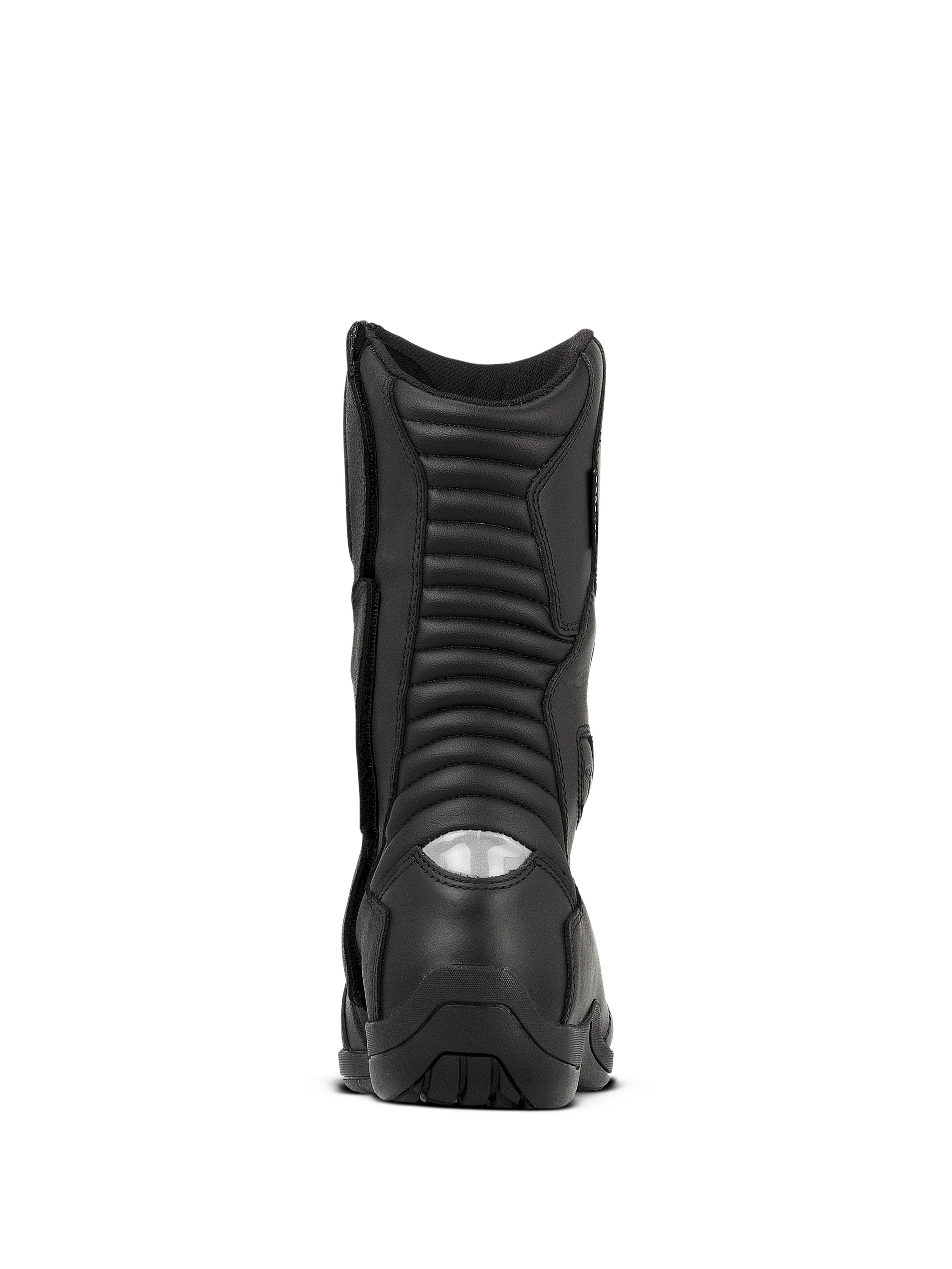 Alpinestars Web GORE-TEX støvler, vandtætte motorcykel touringstøvler, sort, set bagfra med ribbede harmonika-flekszoner og en reflekterende hælindsats for synlighed om natten, slidstærk læderkonstruktion med en robust sål