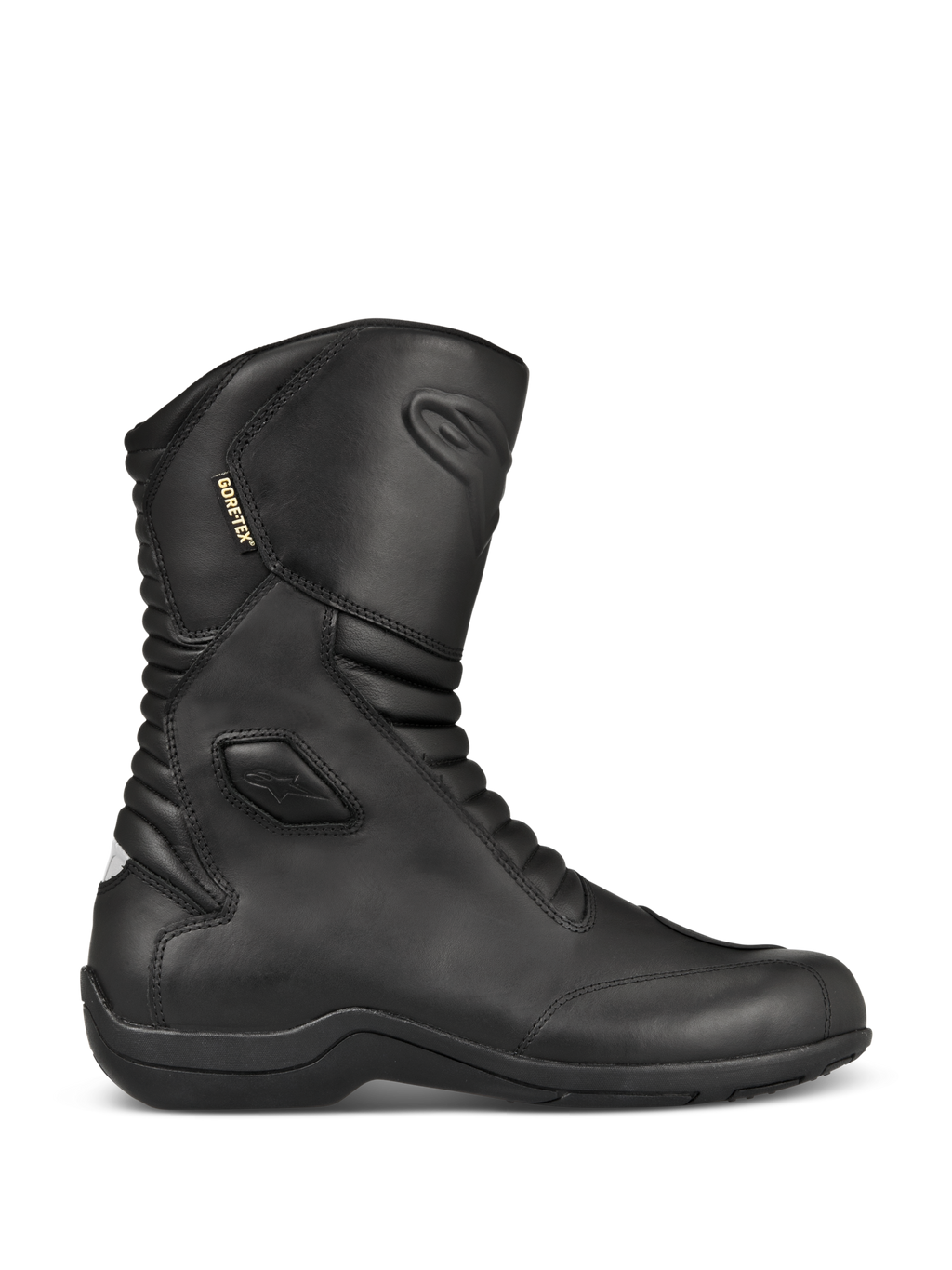 Alpinestars Web GORE-TEX støvler, sorte motorcykelstøvler i læder til touring, set fra siden, vandtæt GORE-TEX-foring, forstærket ankel- og tåbeskyttelse, harmonikaflekszoner for og bag, slidstærk gummisål, strømlinet udstyr til kørsel i alt slags vejr