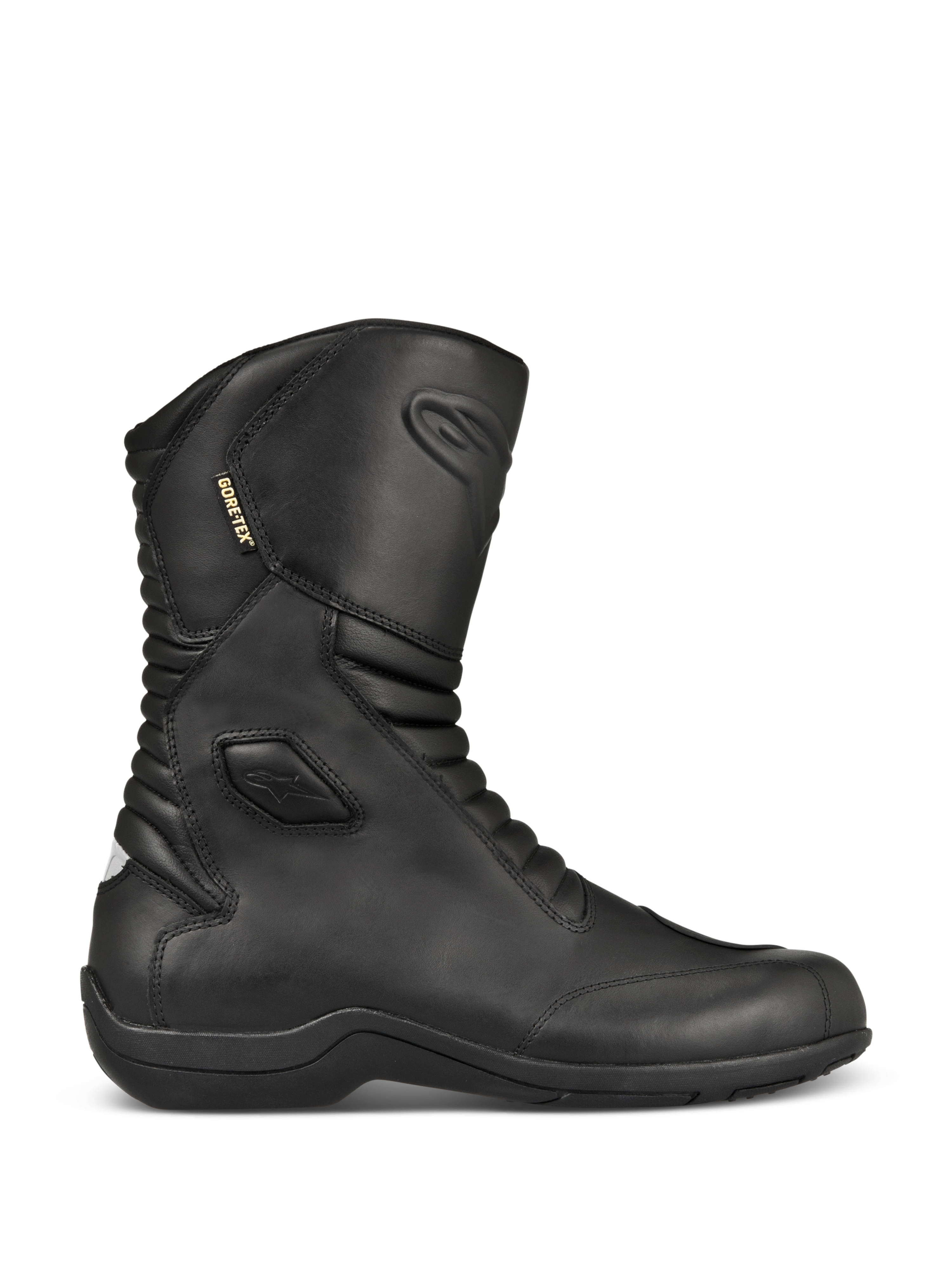 Alpinestars Web GORE-TEX støvler, sorte motorcykelstøvler i læder til touring, set fra siden, vandtæt GORE-TEX-foring, forstærket ankel- og tåbeskyttelse, harmonikaflekszoner for og bag, slidstærk gummisål, strømlinet udstyr til kørsel i alt slags vejr