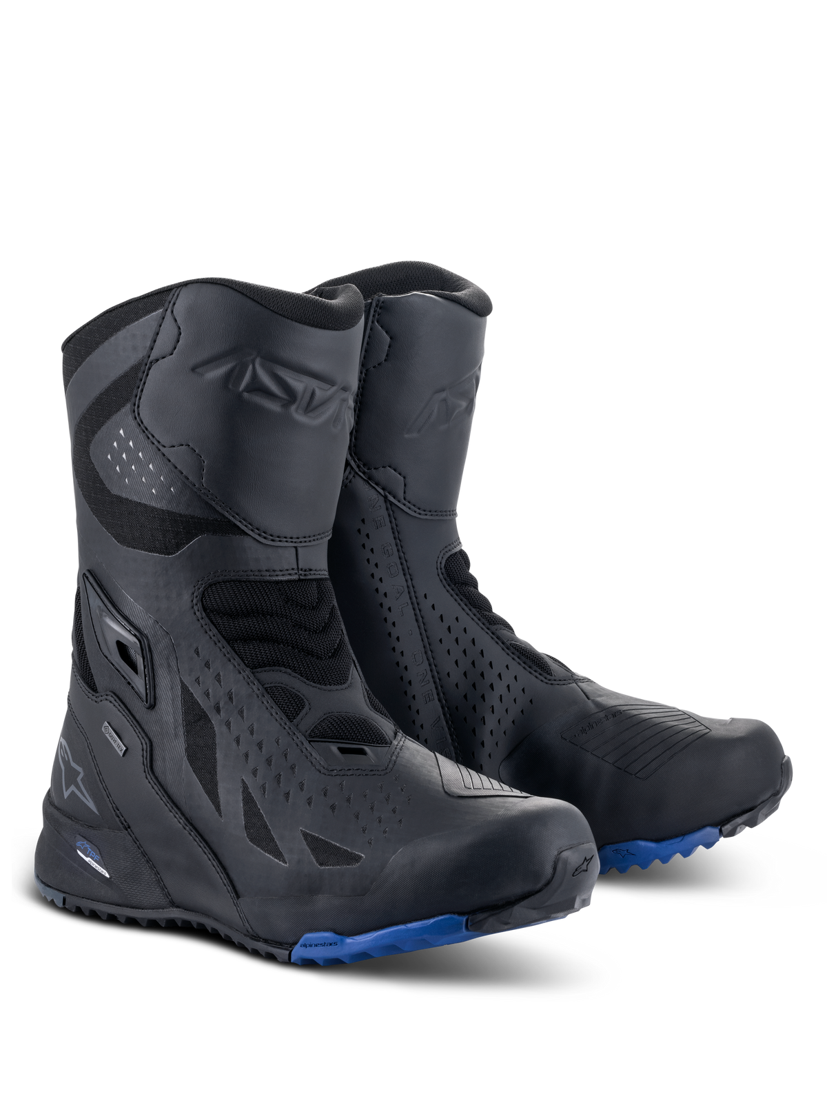 Alpinestars RT-8 GORE-TEX støvler, motorcykel touring-støvler, sort og blå, teknisk overdel i mikrofiber og syntetisk tekstil, blå profileret sål for greb, vandtæt GORE-TEX-konstruktion, beskyttende områder ved skinneben og hæl