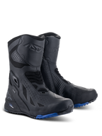Alpinestars RT-8 GORE-TEX støvler, motorcykel touring-støvler, sort og blå, teknisk overdel i mikrofiber og syntetisk tekstil, blå profileret sål for greb, vandtæt GORE-TEX-konstruktion, beskyttende områder ved skinneben og hæl
