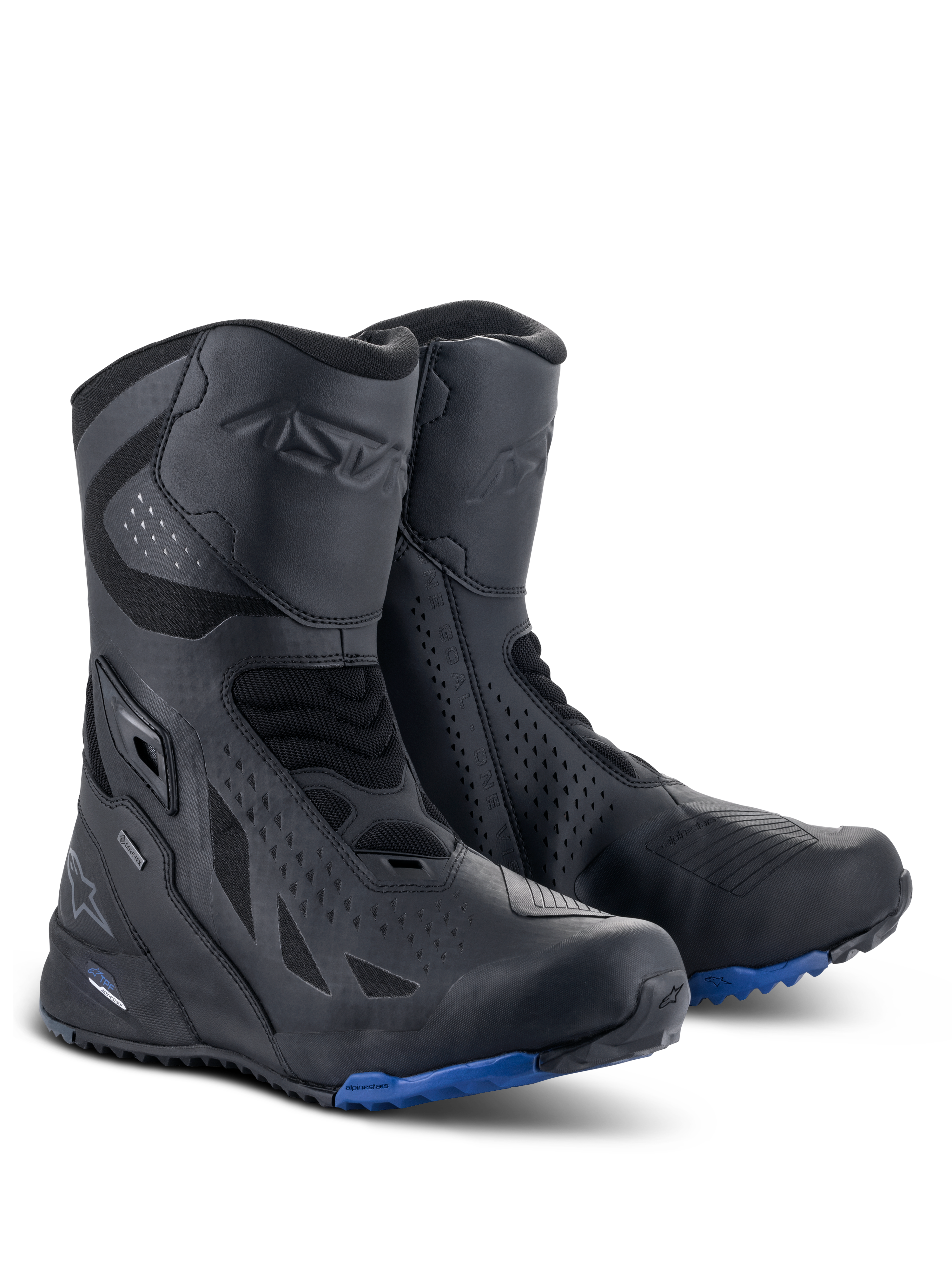 Alpinestars RT-8 GORE-TEX støvler, motorcykel touring-støvler, sort og blå, teknisk overdel i mikrofiber og syntetisk tekstil, blå profileret sål for greb, vandtæt GORE-TEX-konstruktion, beskyttende områder ved skinneben og hæl