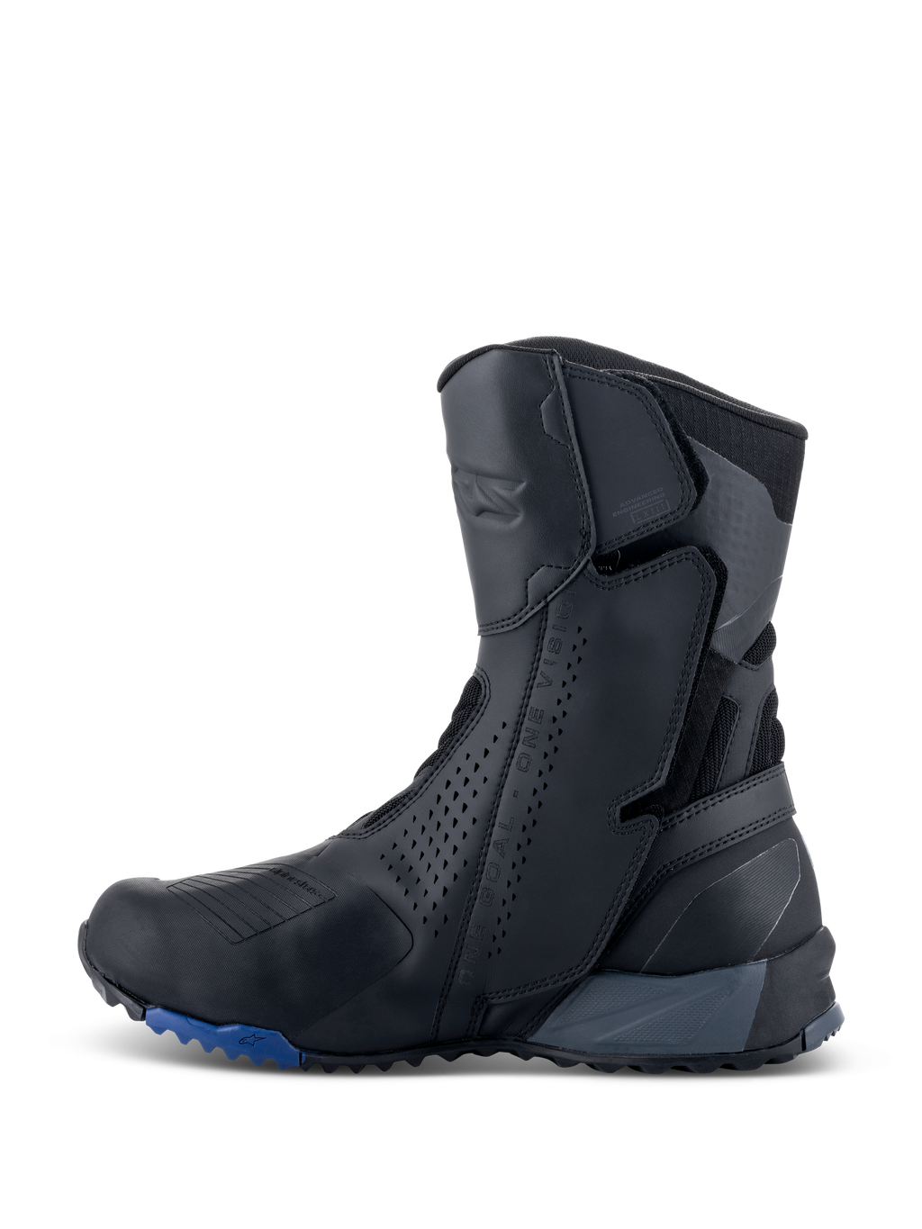 Alpinestars RT-8 GORE-TEX støvler, motorcykel touring-støvler, sort og blå, set fra siden, viser en strømlinet overdel i mikrofiber med perforerede paneler, integrerede beskyttelseszoner og en robust sål med blå detaljer.