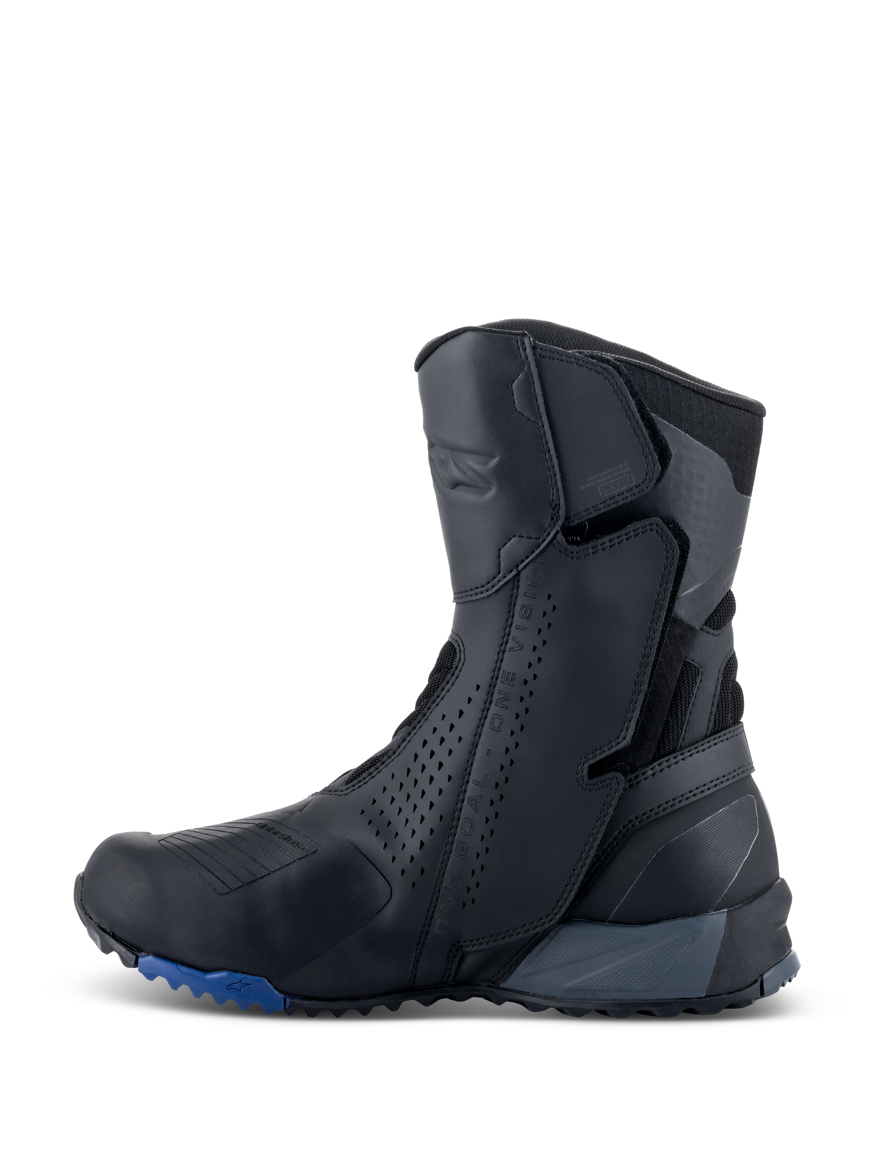 Alpinestars RT-8 GORE-TEX støvler, motorcykel touring-støvler, sort og blå, set fra siden, viser en strømlinet overdel i mikrofiber med perforerede paneler, integrerede beskyttelseszoner og en robust sål med blå detaljer.