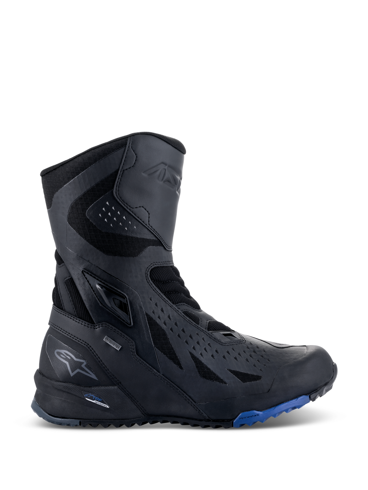 Alpinestars RT-8 GORE-TEX støvler, motorcykel touringstøvler, sort med blå detaljer på sålen, teknisk høj model med overdel i mikrofiber og tekstil, trekantede perforeringer, GORE-TEX-branding og robust sål