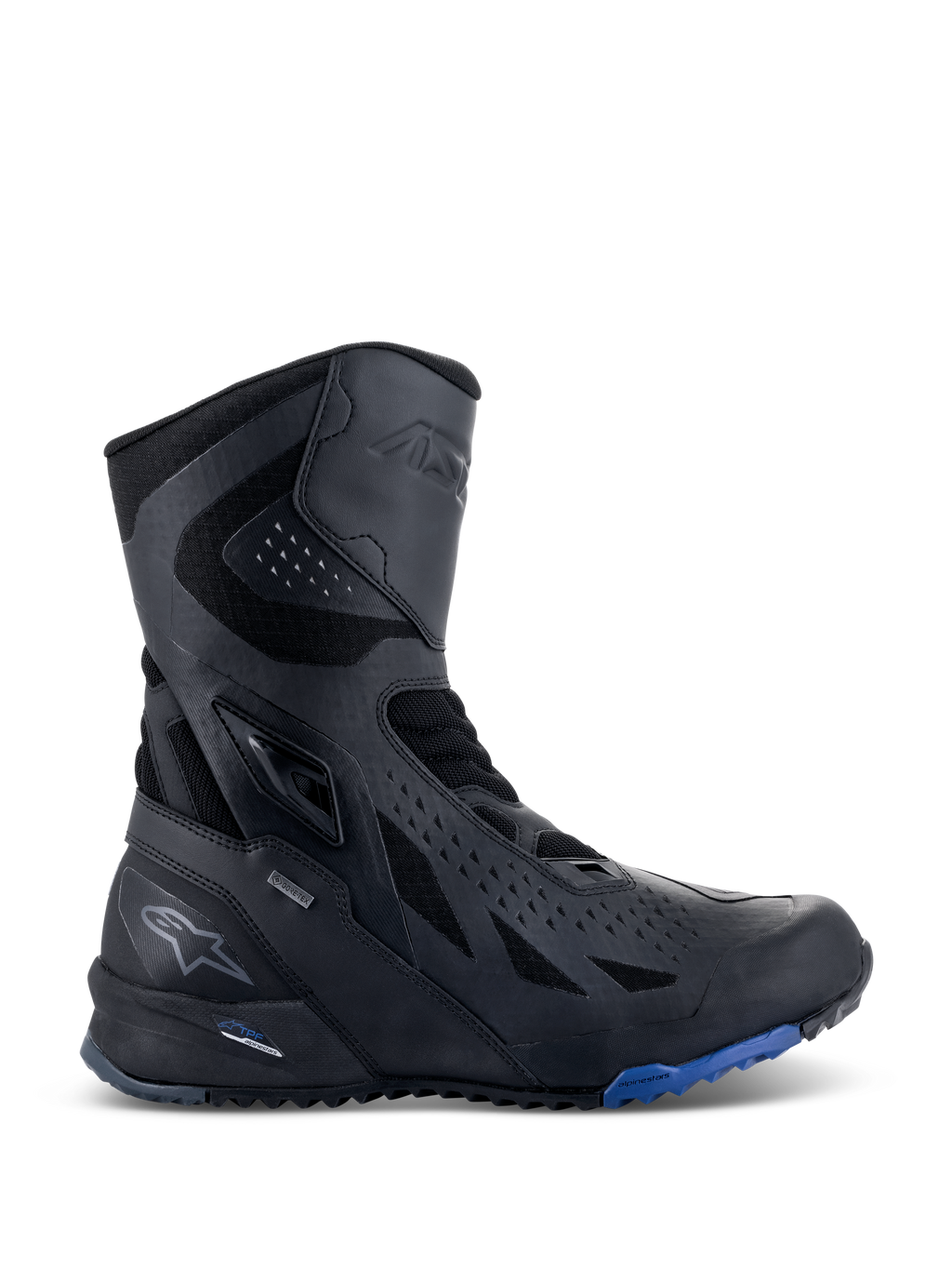 Alpinestars RT-8 GORE-TEX støvler, motorcykel touringstøvler, sort med blå detaljer på sålen, teknisk høj model med overdel i mikrofiber og tekstil, trekantede perforeringer, GORE-TEX-branding og robust sål