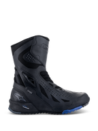 Alpinestars RT-8 GORE-TEX støvler, motorcykel touringstøvler, sort med blå detaljer på sålen, teknisk høj model med overdel i mikrofiber og tekstil, trekantede perforeringer, GORE-TEX-branding og robust sål