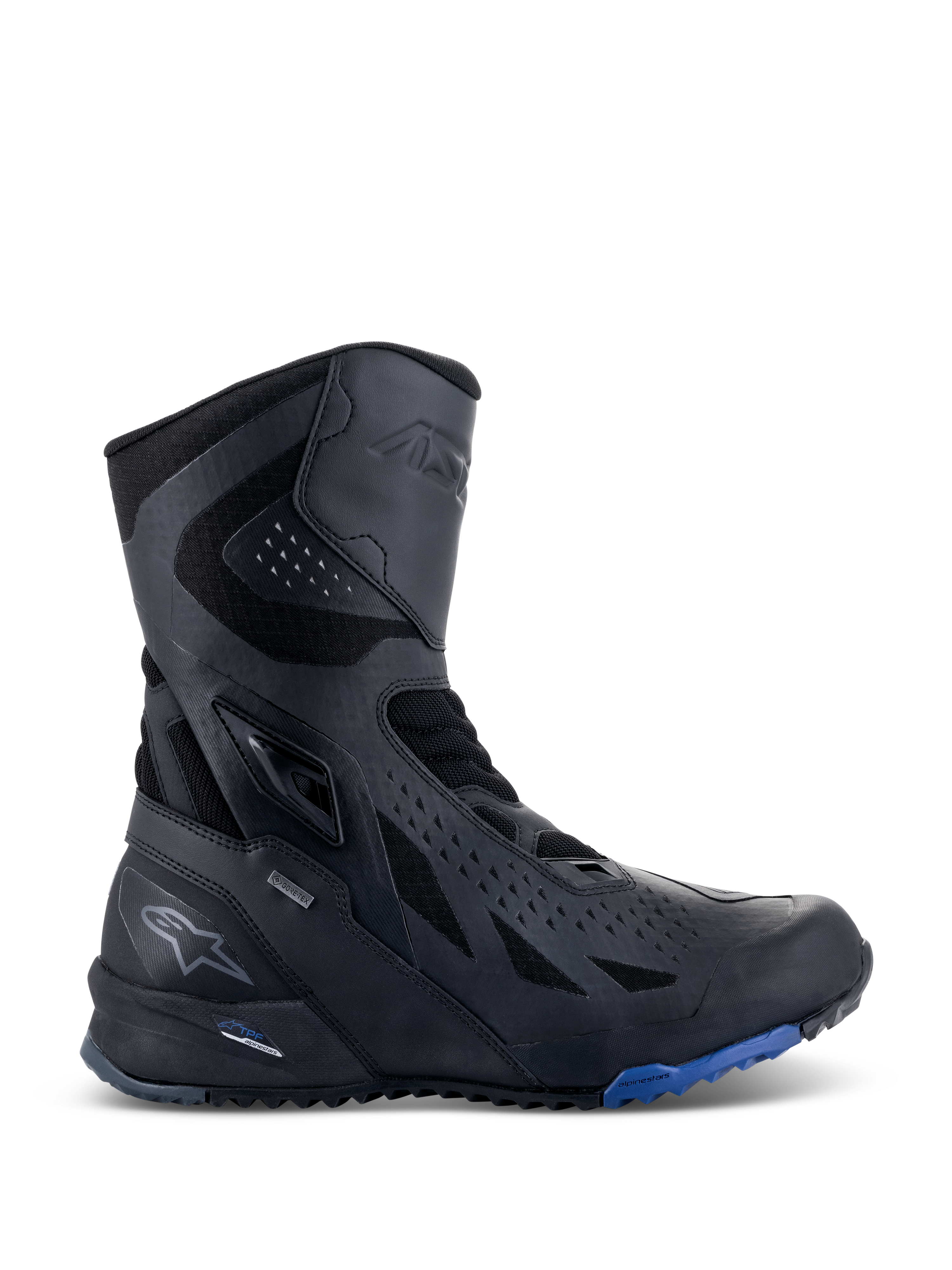 Alpinestars RT-8 GORE-TEX støvler, motorcykel touringstøvler, sort med blå detaljer på sålen, teknisk høj model med overdel i mikrofiber og tekstil, trekantede perforeringer, GORE-TEX-branding og robust sål
