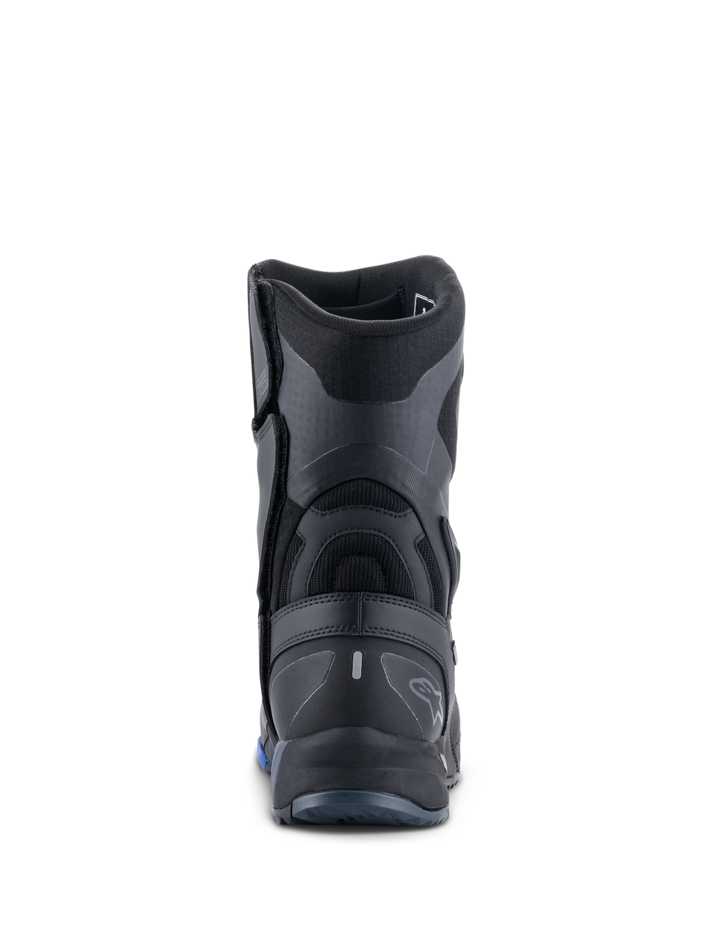 Alpinestars RT-8 GORE-TEX støvler, motorcykel touringstøvler, sort og blå, set bagfra med fremhævning af den forstærkede hælkappe, teksturerede syntetiske paneler og diskret Alpinestars-branding.
