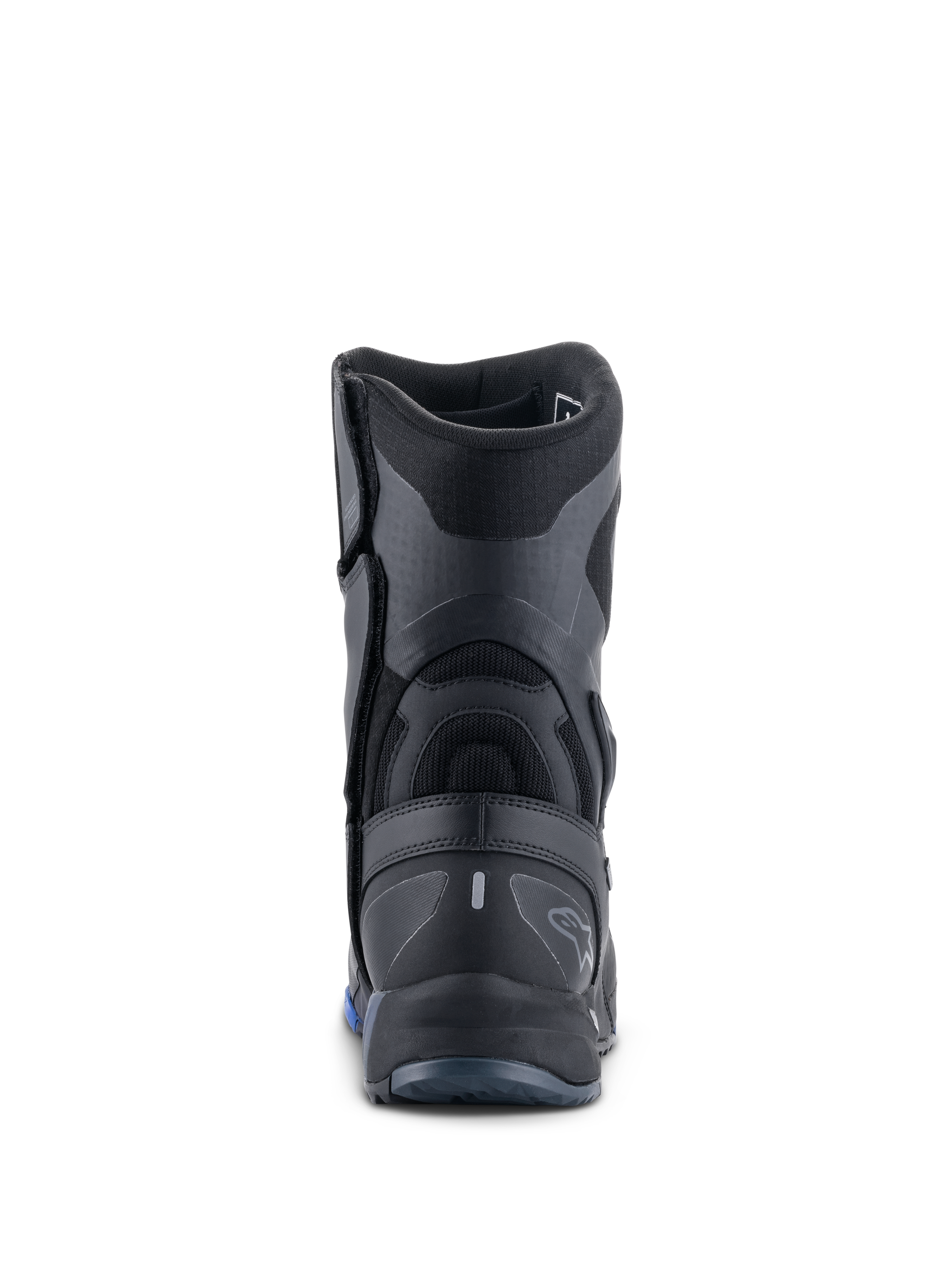 Alpinestars RT-8 GORE-TEX støvler, motorcykel touringstøvler, sort og blå, set bagfra med fremhævning af den forstærkede hælkappe, teksturerede syntetiske paneler og diskret Alpinestars-branding.