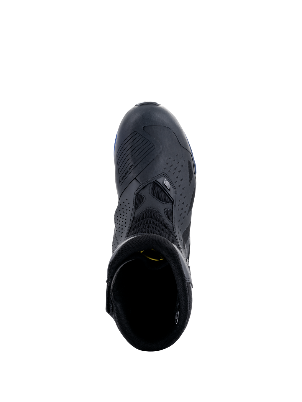 Alpinestars RT-8 GORE-TEX støvler, sort og blå, set oppefra, der viser skiftepuden, perforerede mikrofiberpaneler og blå accenter på sålen, teknisk vandtæt touring-motorcykelstøvle