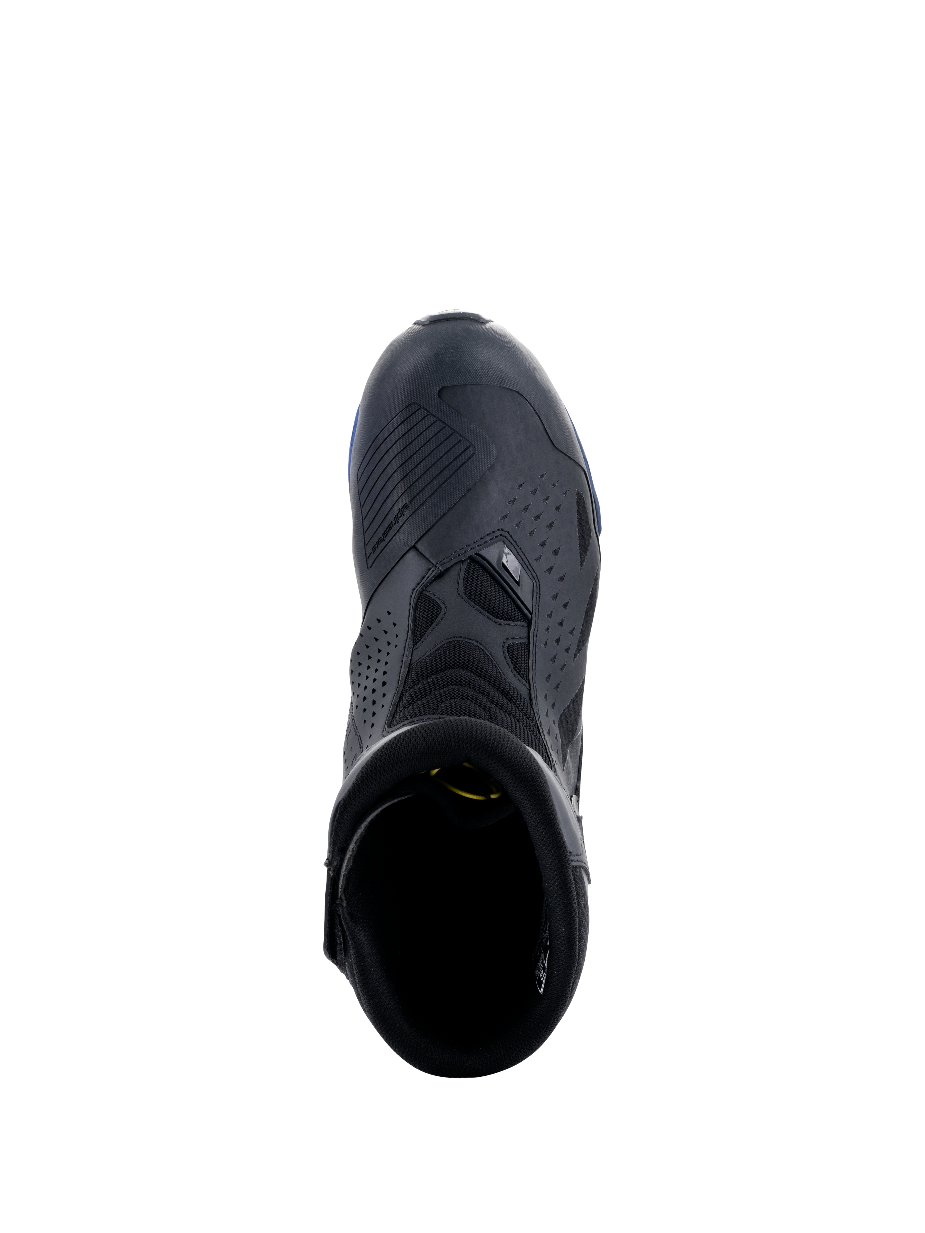 Alpinestars RT-8 GORE-TEX støvler, sort og blå, set oppefra, der viser skiftepuden, perforerede mikrofiberpaneler og blå accenter på sålen, teknisk vandtæt touring-motorcykelstøvle