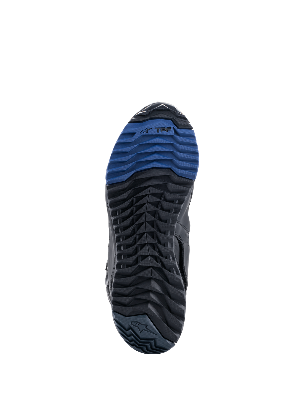 Alpinestars RT-8 GORE-TEX støvler, sålvisning med sort og blå gummiydersål, robust mønster og TPF-branding, designet til optimalt greb og gåkomfort i adventure touring-terræn