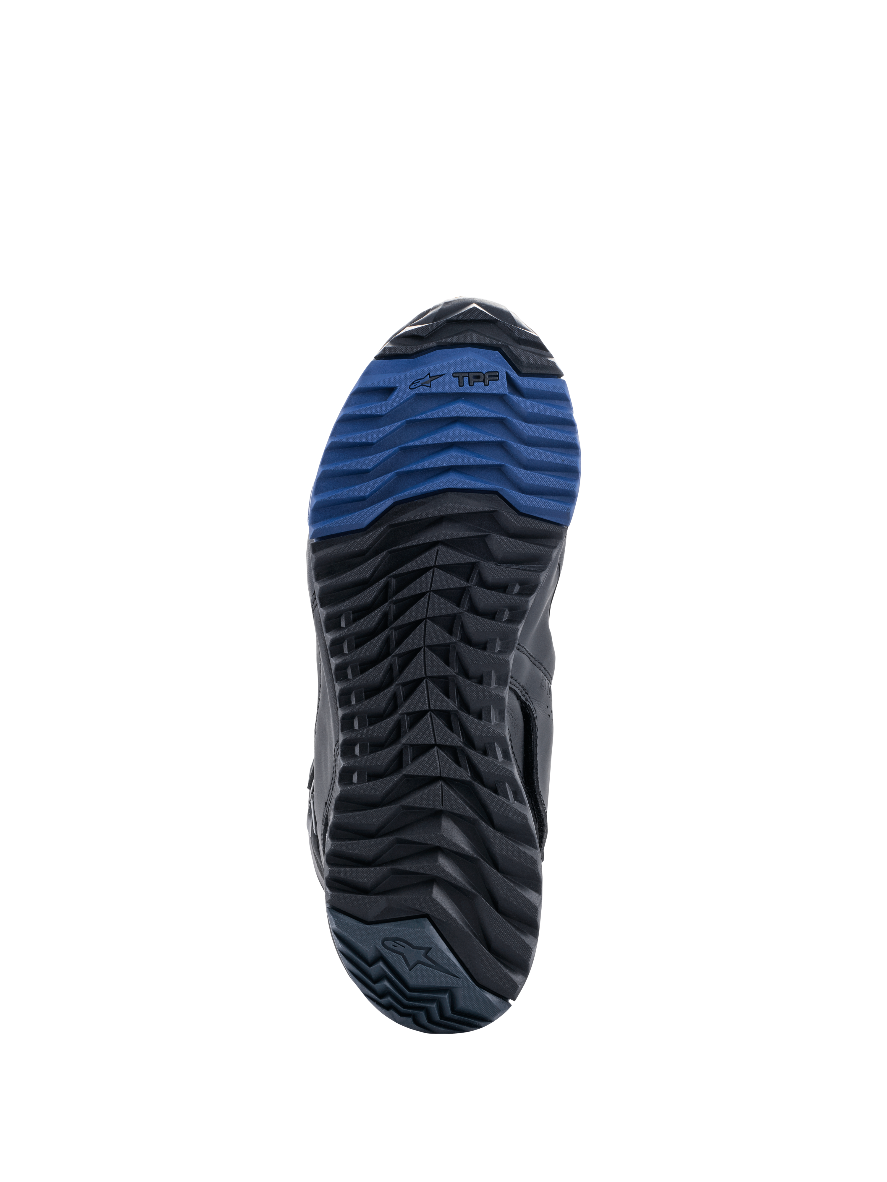 Alpinestars RT-8 GORE-TEX støvler, sålvisning med sort og blå gummiydersål, robust mønster og TPF-branding, designet til optimalt greb og gåkomfort i adventure touring-terræn