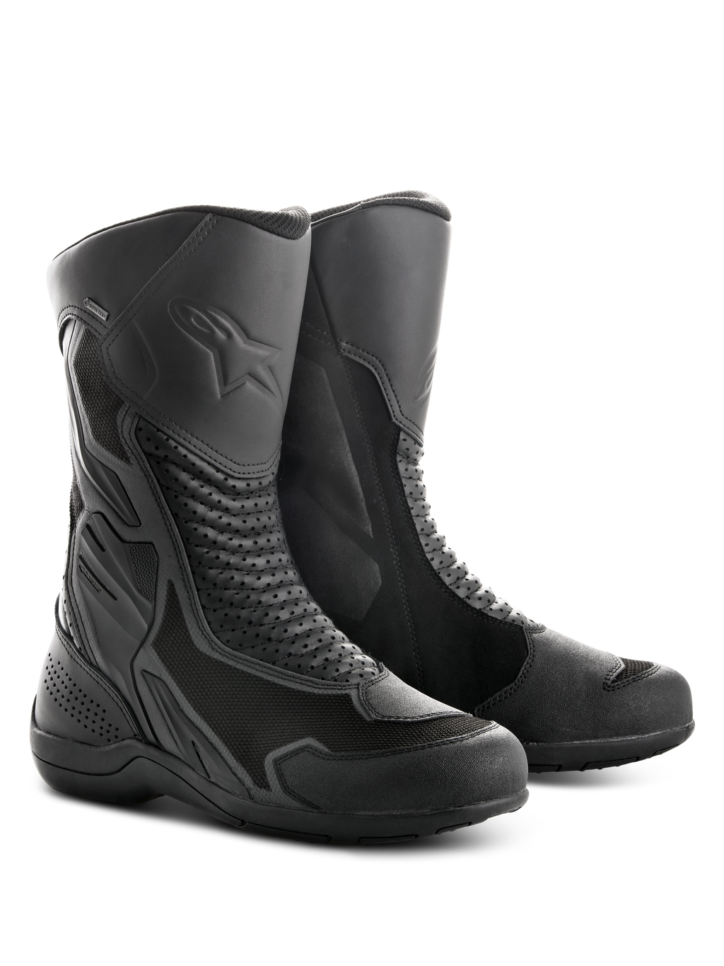 Alpinestars Air Plus V2 GORE-TEX støvler, motorcykel touringstøvler, sort, med en kombination af ventileret mesh- og læderkonstruktion, perforerede accordion-paneler for fleksibilitet, præget stjernelogo på skinnebenet og en slidstærk gummisål designet til kørsel i alt slags vejr
