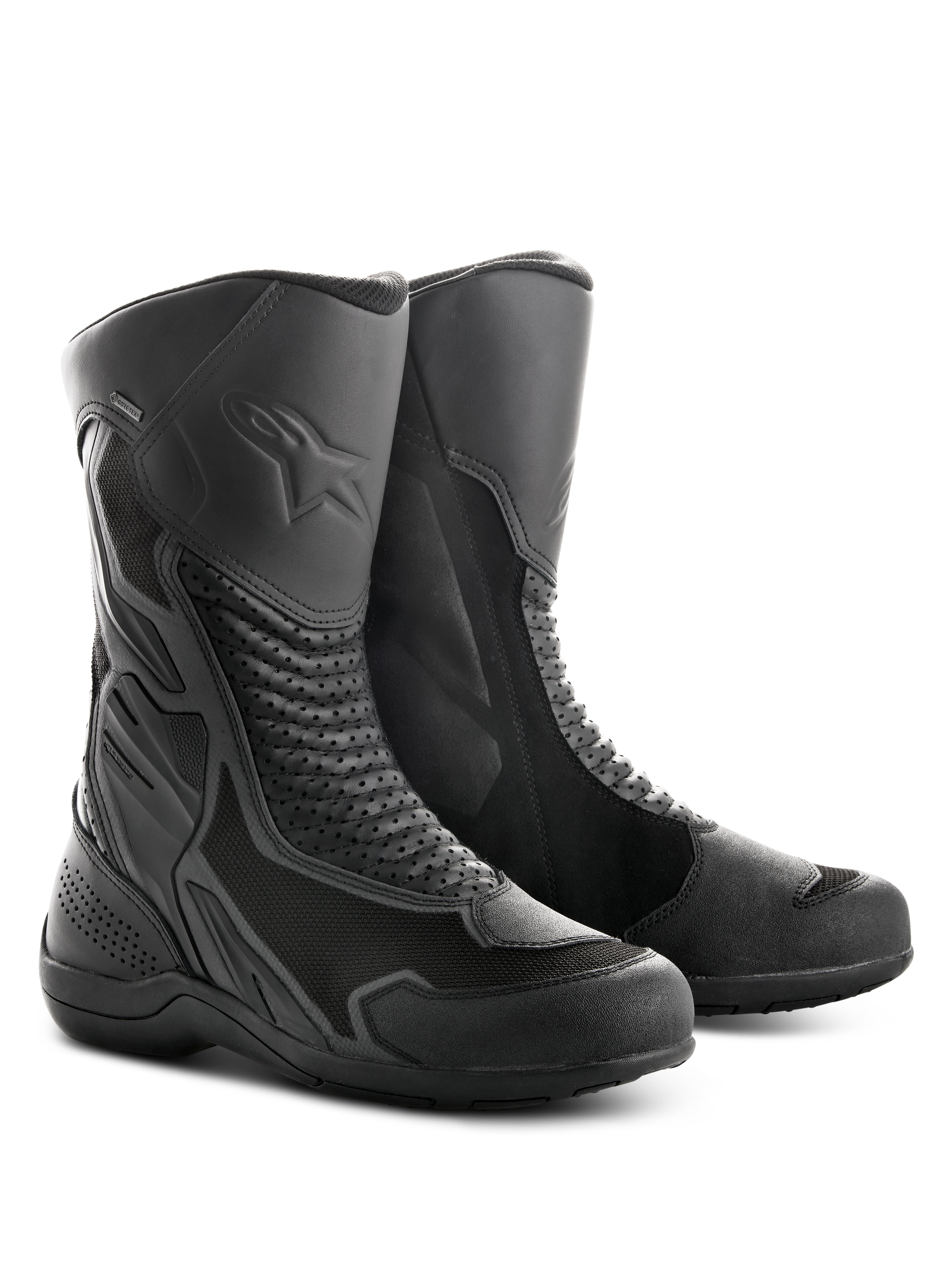 Alpinestars Air Plus V2 GORE-TEX støvler, motorcykel touringstøvler, sort, med en kombination af ventileret mesh- og læderkonstruktion, perforerede accordion-paneler for fleksibilitet, præget stjernelogo på skinnebenet og en slidstærk gummisål designet til kørsel i alt slags vejr