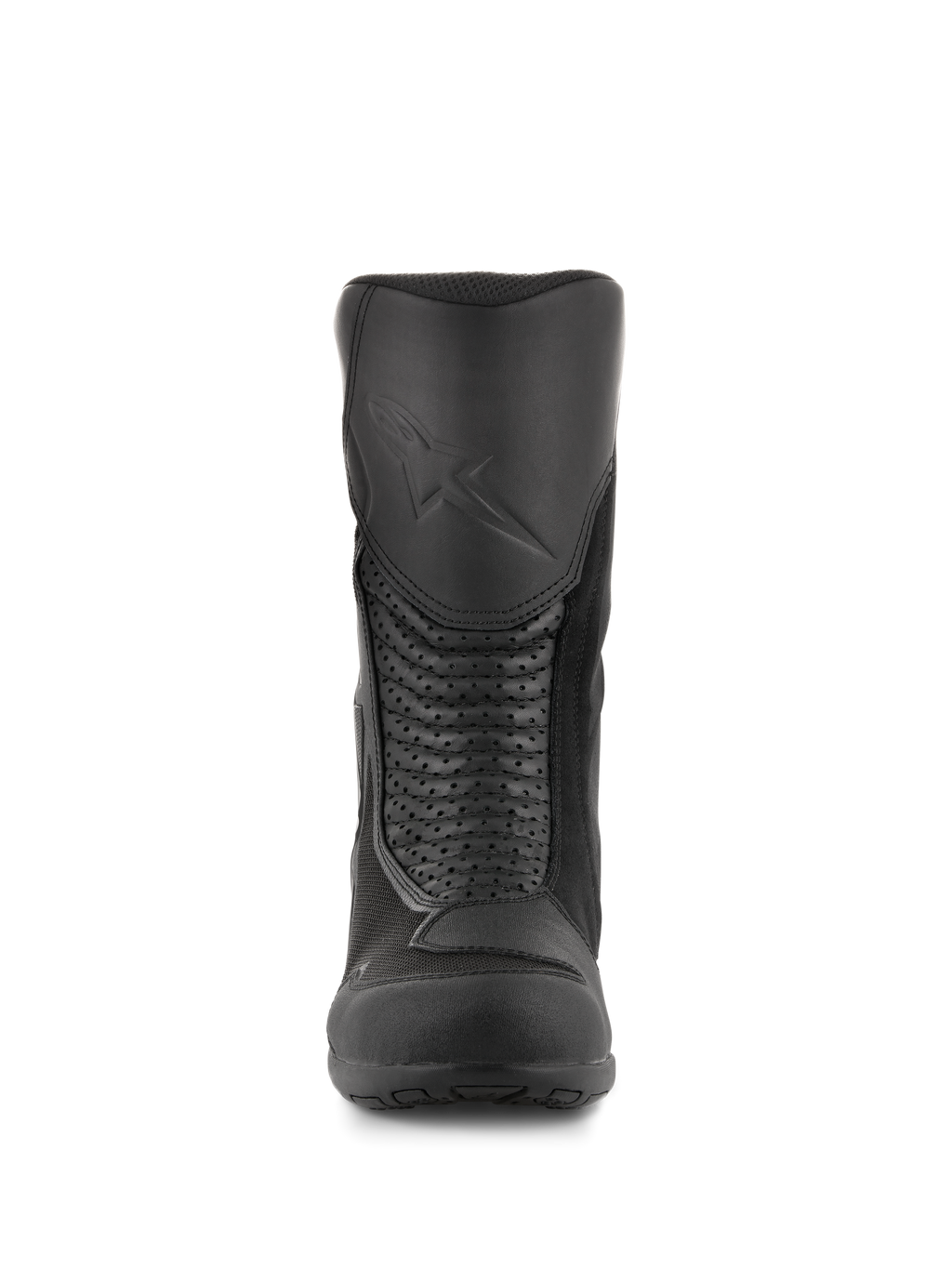 Alpinestars Air Plus V2 GORE-TEX støvler, motorcykel touringstøvler, sort, set forfra, der viser den formstøbte skinnebensbeskytter med præget logo, perforerede læder-accordion-paneler for fleksibilitet og åndbare mesh-indsatser.