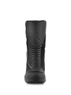 Alpinestars Air Plus V2 GORE-TEX støvler, motorcykel touringstøvler, sort, set forfra, der viser den formstøbte skinnebensbeskytter med præget logo, perforerede læder-accordion-paneler for fleksibilitet og åndbare mesh-indsatser.