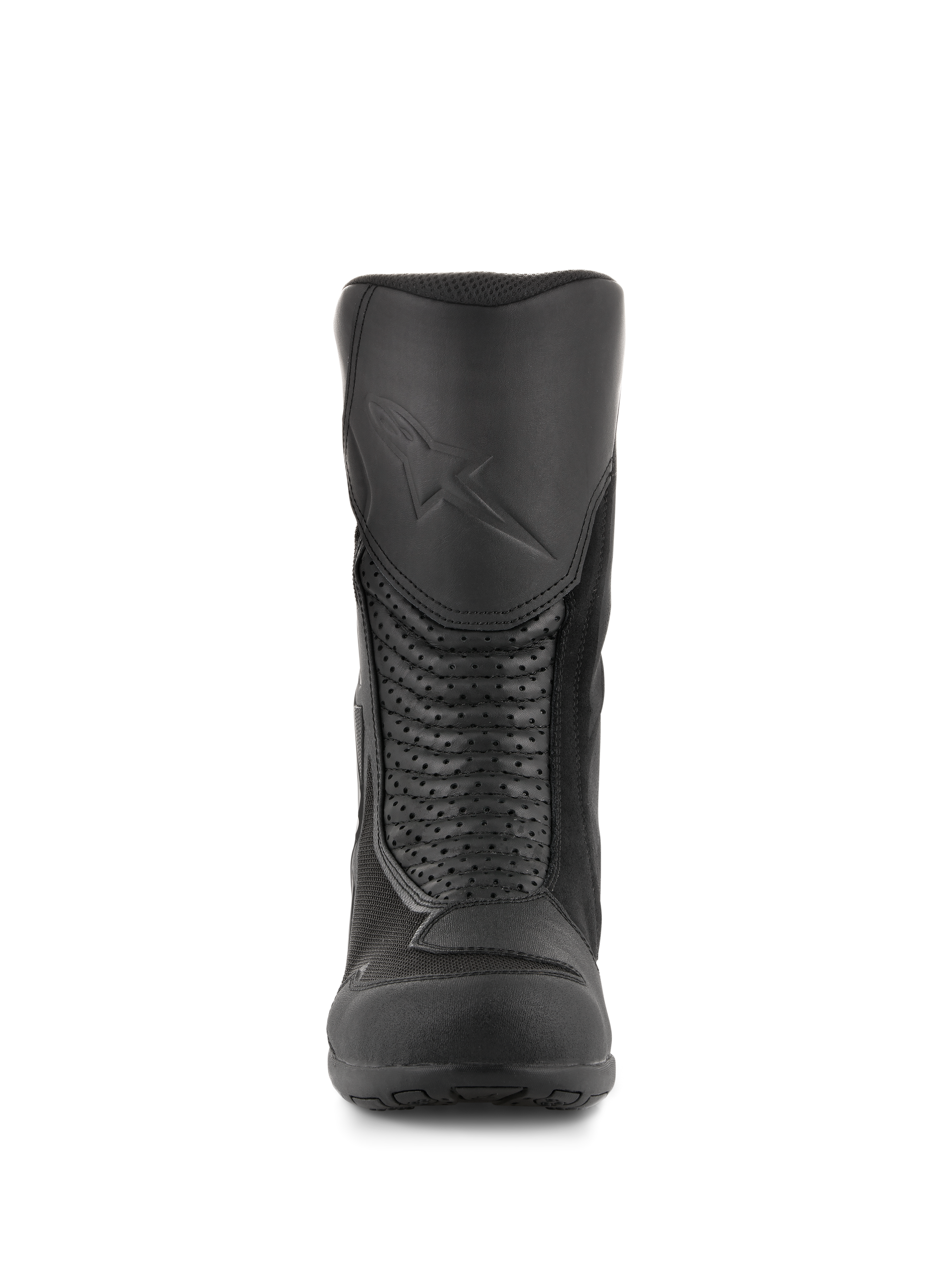 Alpinestars Air Plus V2 GORE-TEX støvler, motorcykel touringstøvler, sort, set forfra, der viser den formstøbte skinnebensbeskytter med præget logo, perforerede læder-accordion-paneler for fleksibilitet og åndbare mesh-indsatser.
