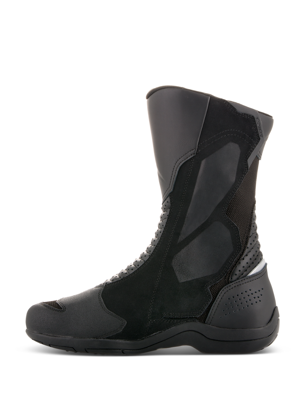 Alpinestars Air Plus V2 GORE-TEX støvler, motorcykel touringstøvler, sort, profilvisning fra siden, multimateriale-konstruktion med ventileret mesh og læderpaneler, design med højt skaft og forstærket skinnebens- og hælbeskyttelse til kørsel i al slags vejr