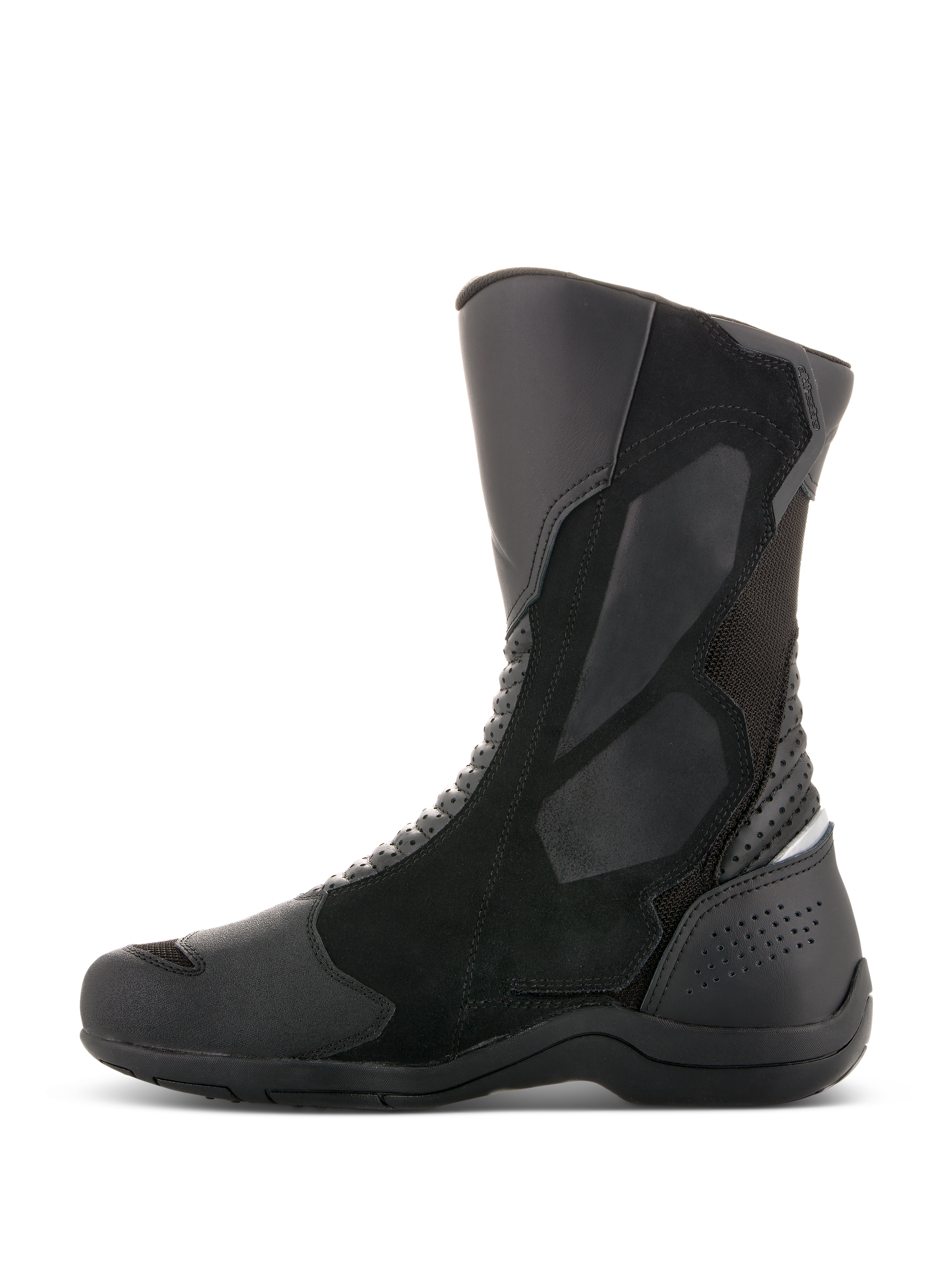 Alpinestars Air Plus V2 GORE-TEX støvler, motorcykel touringstøvler, sort, profilvisning fra siden, multimateriale-konstruktion med ventileret mesh og læderpaneler, design med højt skaft og forstærket skinnebens- og hælbeskyttelse til kørsel i al slags vejr