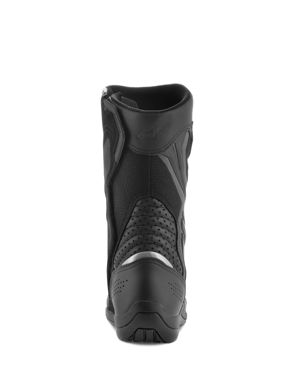 Alpinestars Air Plus V2 GORE-TEX støvler, motorcykel touringstøvler, sort, set bagfra viser hæl- og lægområdet, med en sølvfarvet reflekterende indsats, perforerede læder-harmonikapaneler og åndbar mesh-konstruktion