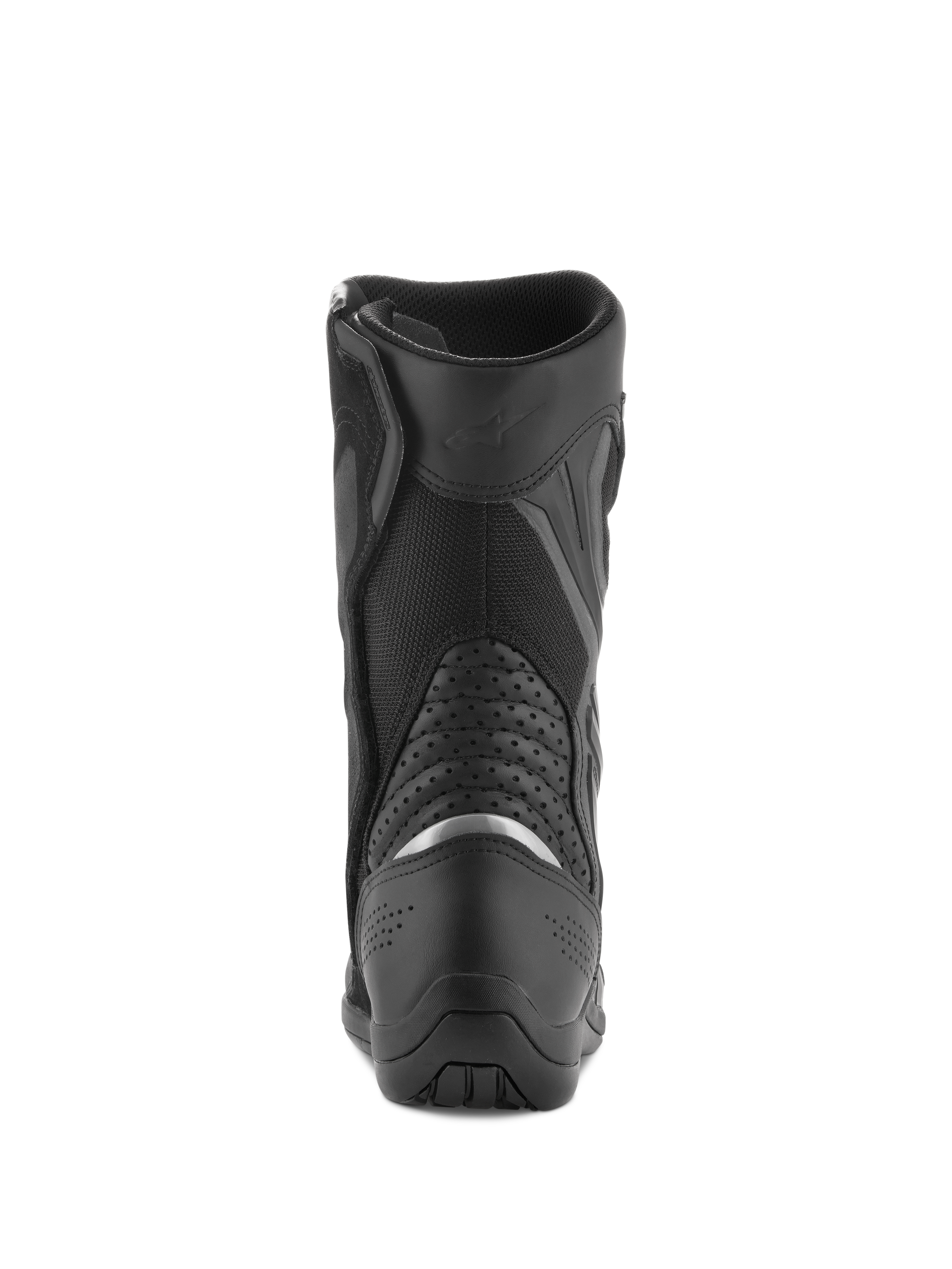 Alpinestars Air Plus V2 GORE-TEX støvler, motorcykel touringstøvler, sort, set bagfra viser hæl- og lægområdet, med en sølvfarvet reflekterende indsats, perforerede læder-harmonikapaneler og åndbar mesh-konstruktion