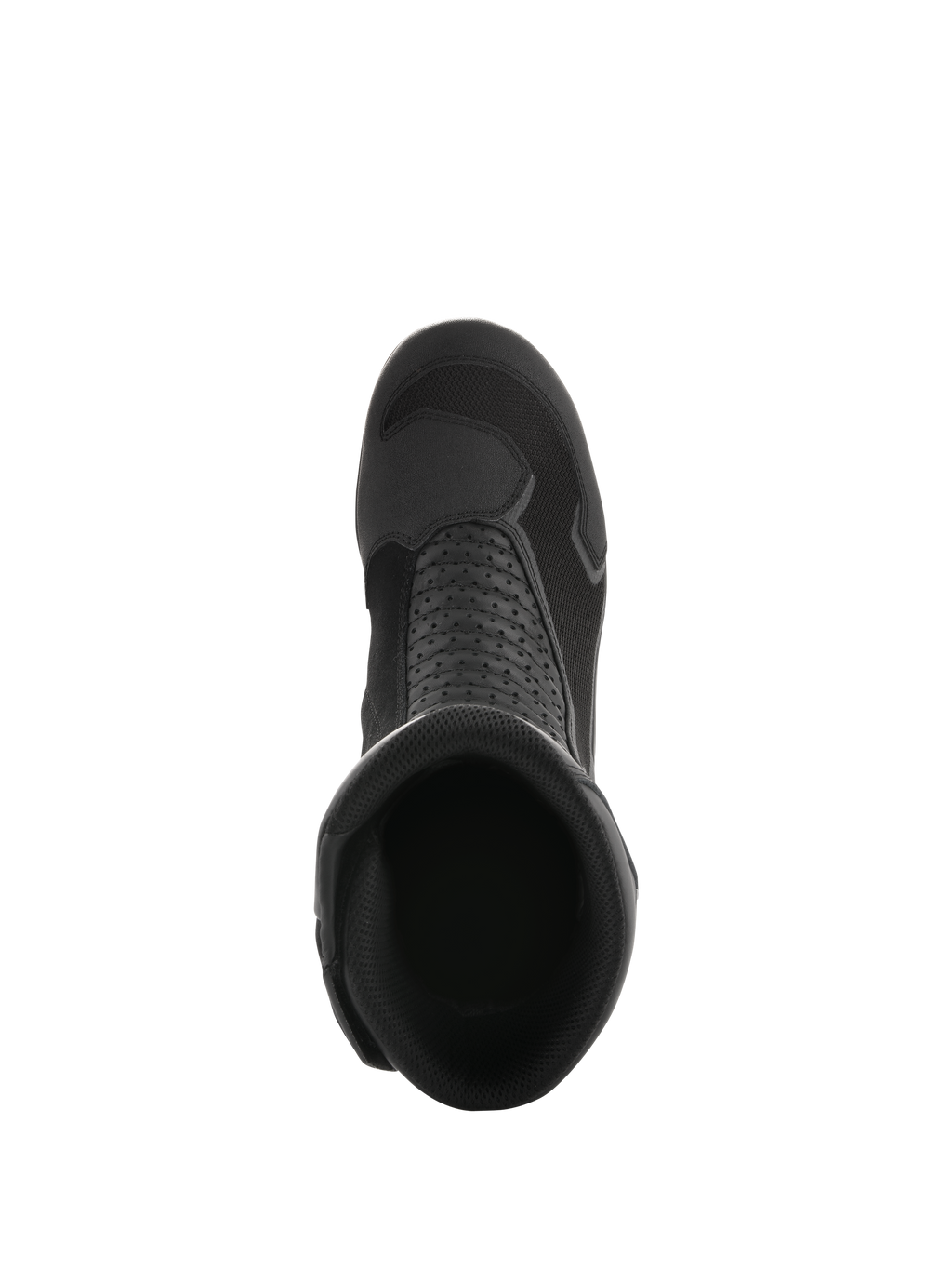 Alpinestars Air Plus V2 GORE-TEX-støvler, sort, set oppefra og ned i støvleåbningen, der viser den åndbare mesh-konstruktion, perforerede læderpaneler og det strømlinede design til motorcykel-touring.