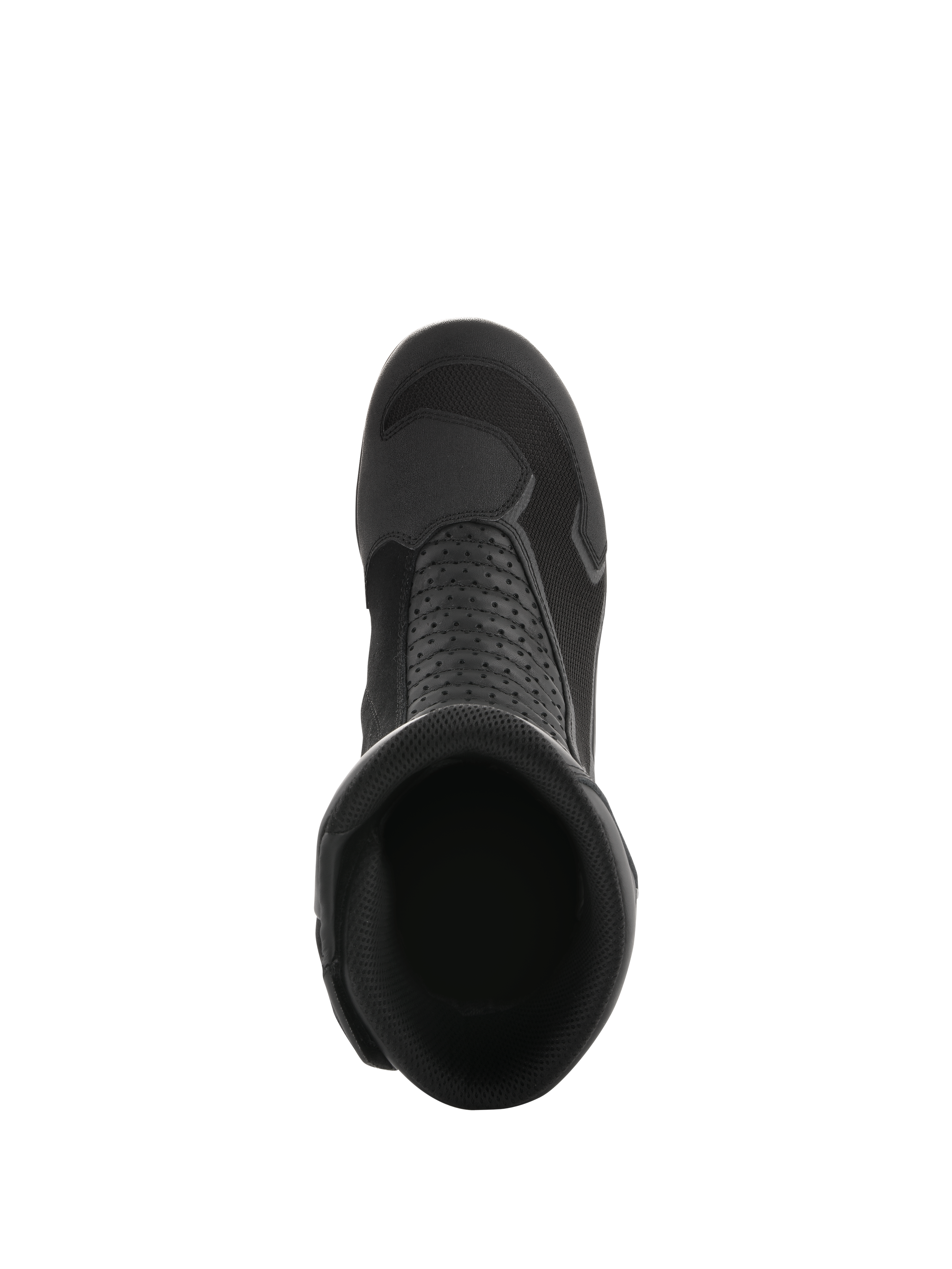 Alpinestars Air Plus V2 GORE-TEX-støvler, sort, set oppefra og ned i støvleåbningen, der viser den åndbare mesh-konstruktion, perforerede læderpaneler og det strømlinede design til motorcykel-touring.