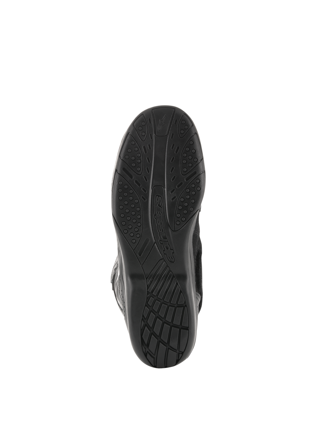 Alpinestars Air Plus V2 GORE-TEX støvler, motorcykel touringstøvler, sort, visning af sålen nedefra, der viser det eksklusive gummiblandingsmønster for greb og komfort, Alpinestars-logo branding