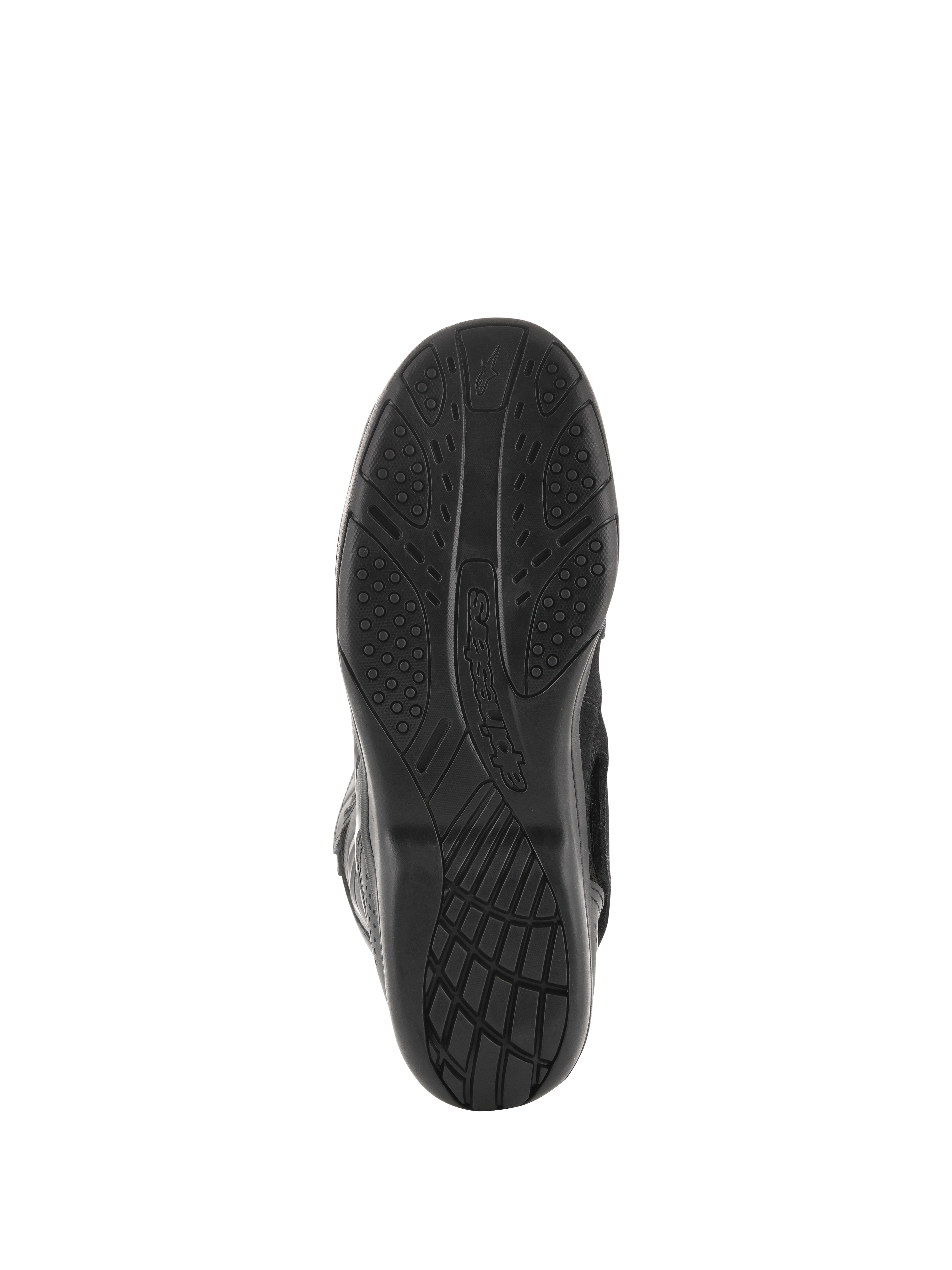 Alpinestars Air Plus V2 GORE-TEX støvler, motorcykel touringstøvler, sort, visning af sålen nedefra, der viser det eksklusive gummiblandingsmønster for greb og komfort, Alpinestars-logo branding