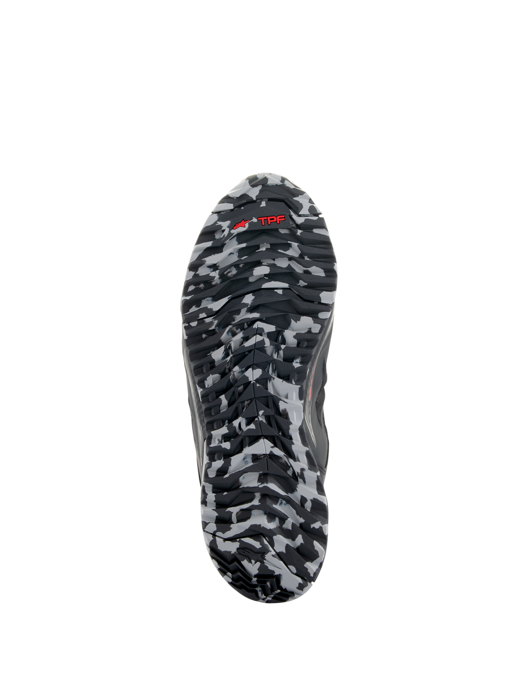 Alpinestars CR-8 GORE-TEX Shoes, Outsole View, Black and Mid Gray Camouflage pattern, Red TPF logo on textured rubber sole, waterproof touring footwear detail