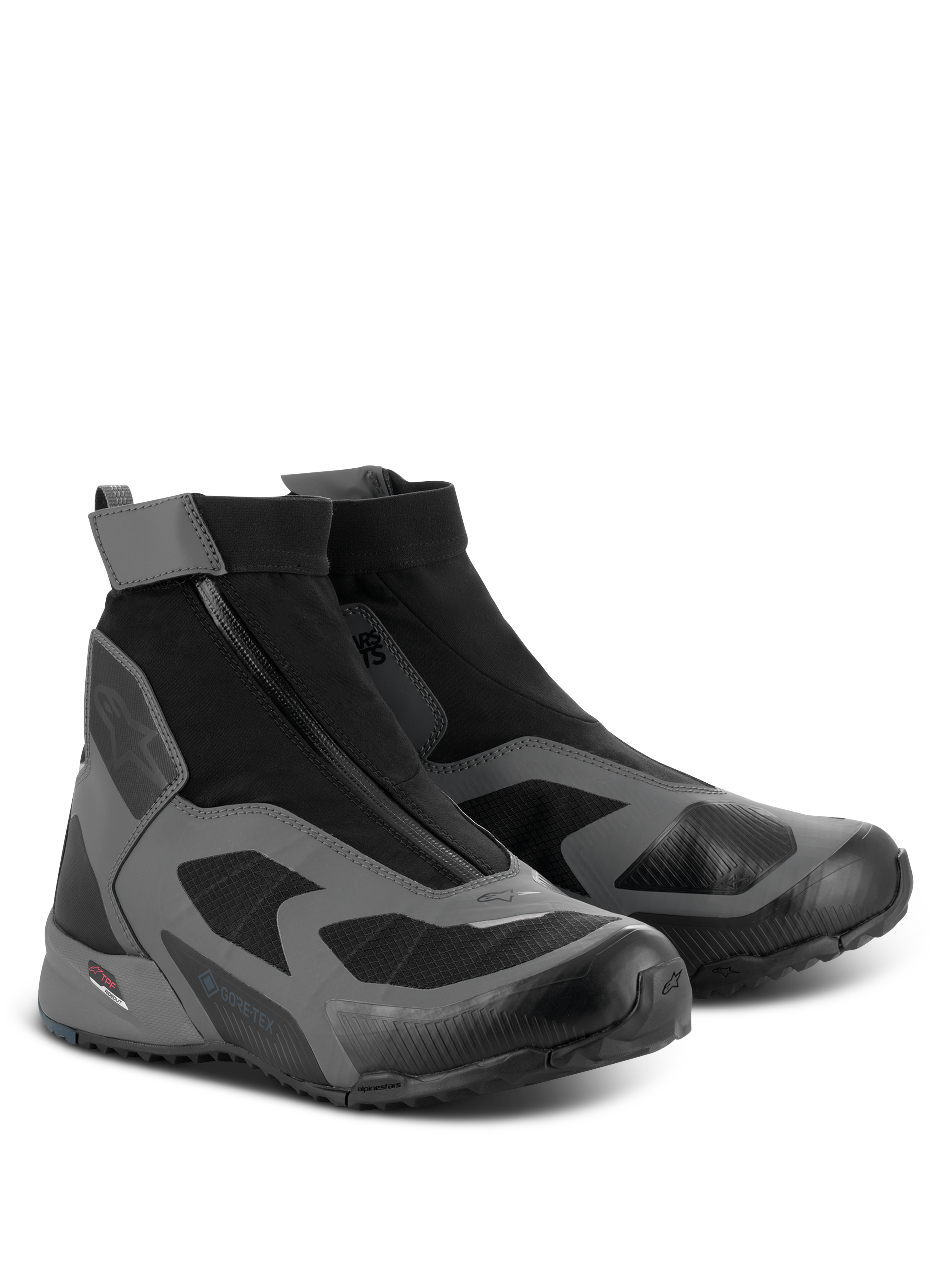 Alpinestars CR-8 GORE-TEX Shoes, Motorcycle Riding Shoes, Black Dark Gray and Petrol Blue, featuring a high-cut waterproof design with an angled zipper closure and GORE-TEX branding.