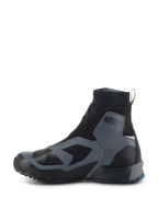 Alpinestars CR-8 GORE-TEX Shoes, Motorcycle Riding Shoes, Black and Dark Gray, side profile showing high-cut stretch bootie, protective overlays, 'ALPINESTARS PROTECTS' branding on the ankle, and a durable rubber sole, waterproof and breathable for adventure touring.
